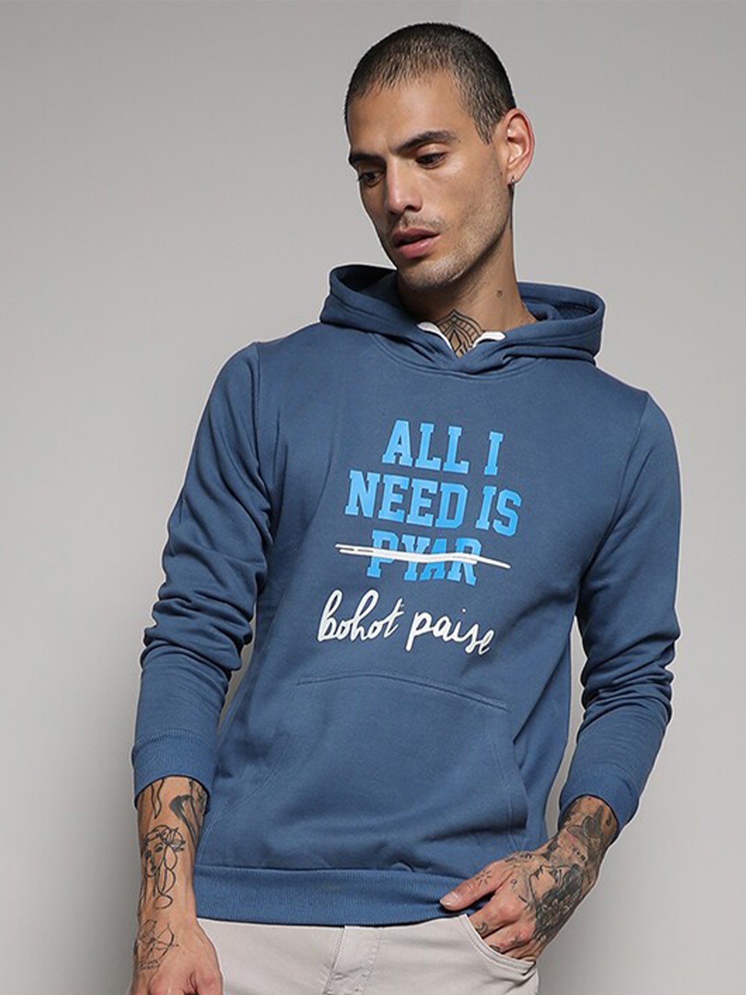 

Campus Sutra Typographic Printed Hooded Cotton Sweatshirt, Blue