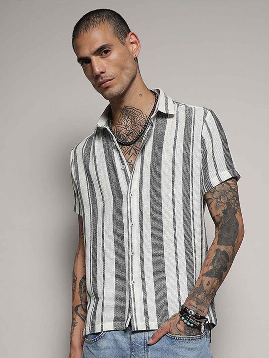 

Campus Sutra Unbalanced Striped Woven Shirt, White
