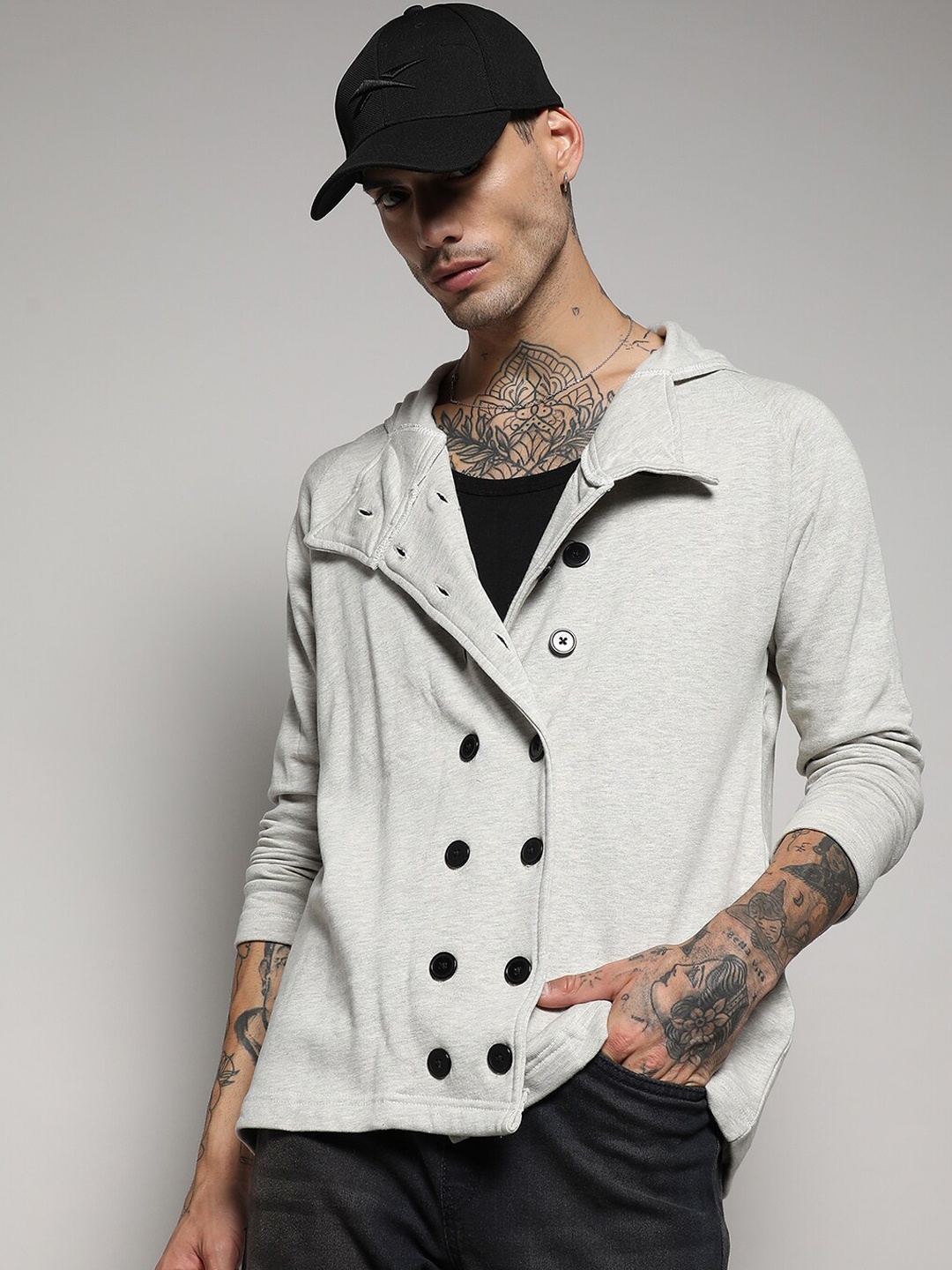 

Campus Sutra Grey Long Sleeves Double-Breasted Windcheater Longline Tailored Jacket