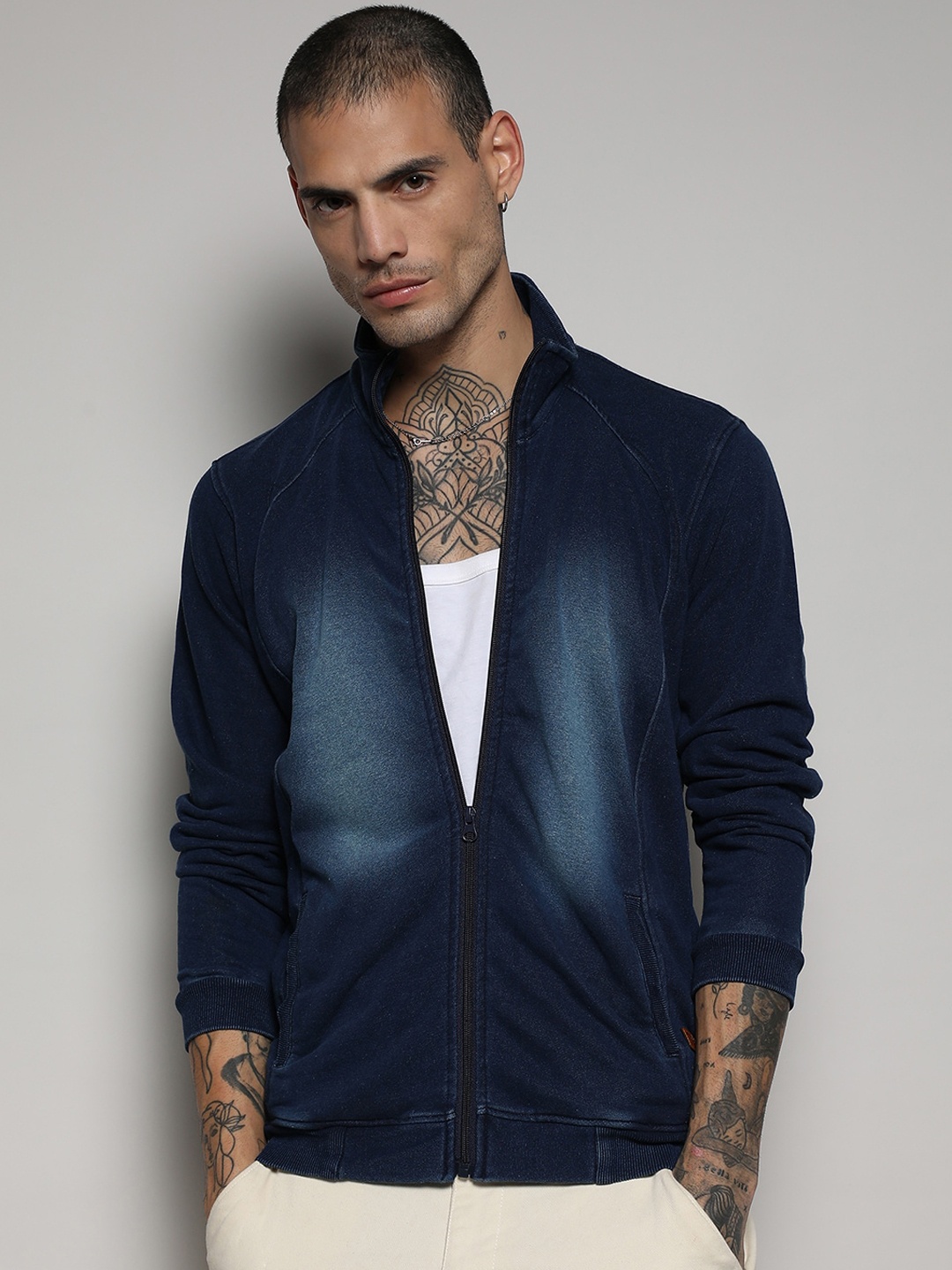 

Campus Sutra Windcheater Stand Collar Cotton Bomber Jacket, Navy blue