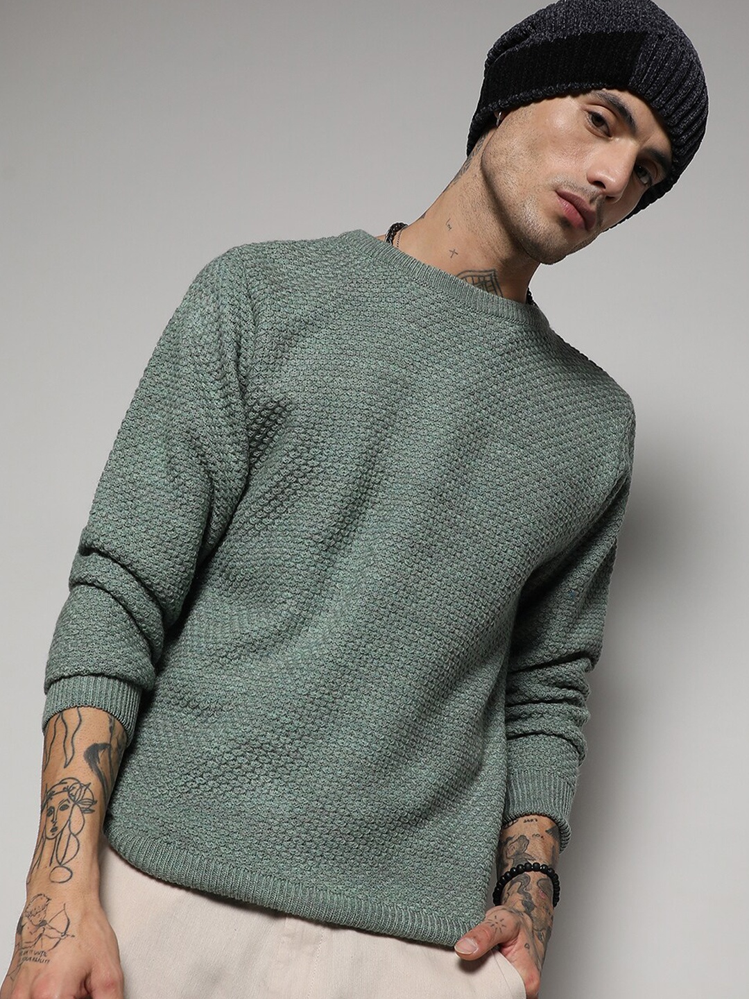 

Campus Sutra Sea Green Self Design Acrylic Pullover