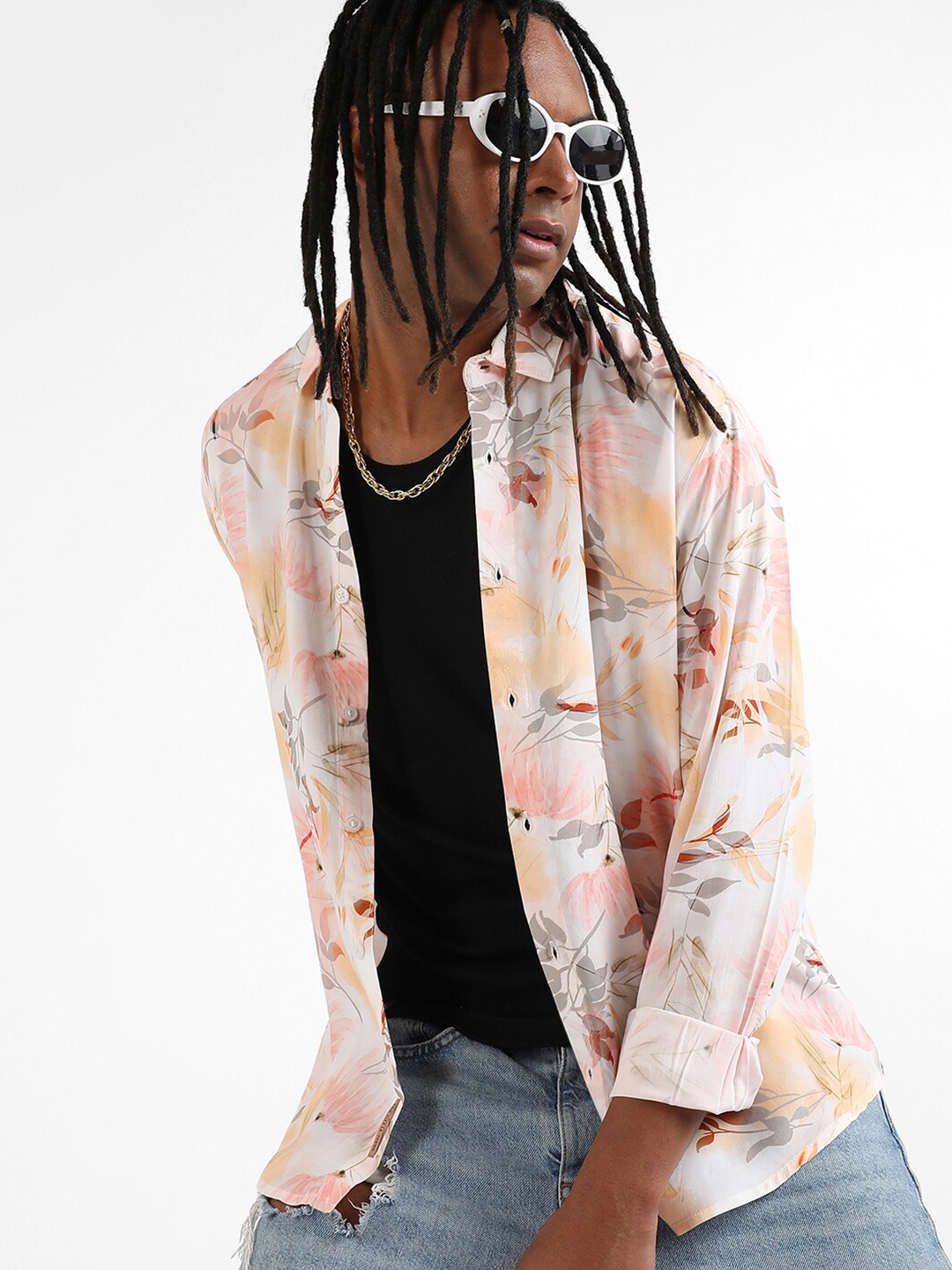 

Campus Sutra Peach-Coloured Classic Floral Printed Spread Collar Casual Shirt