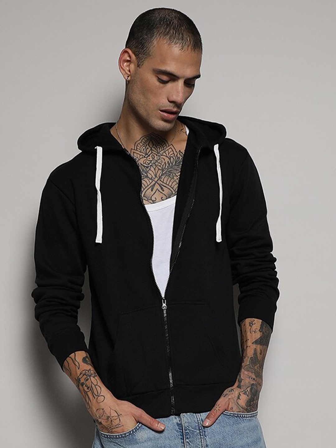 

Campus Sutra Hooded Cotton Bomber Jacket, Black