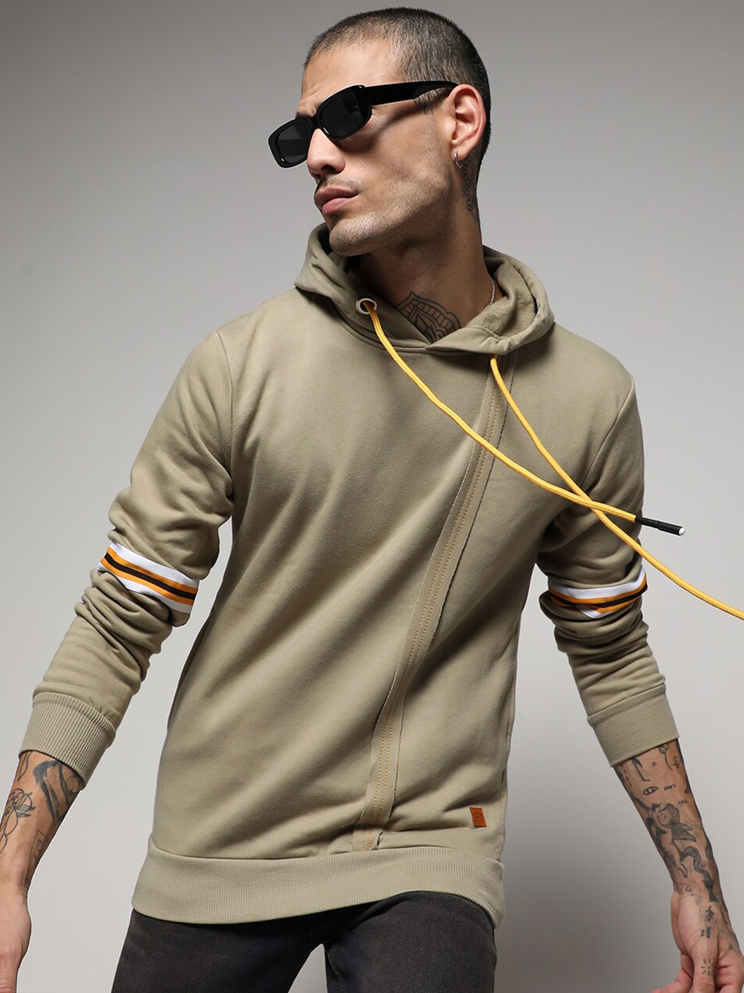 

Campus Sutra Beige Striped Hooded Cotton Pullover Sweatshirt