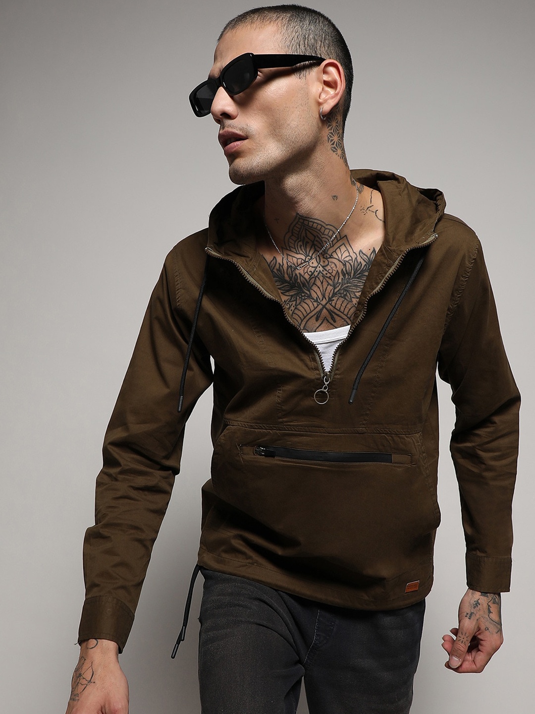 

Campus Sutra Brown Hooded Windcheater Tailored Jacket