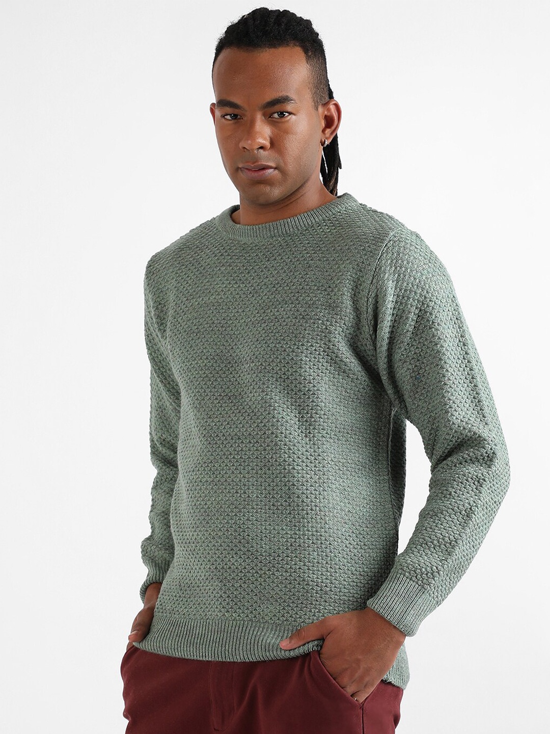 

Campus Sutra Sea Green Self Design Acrylic Pullover