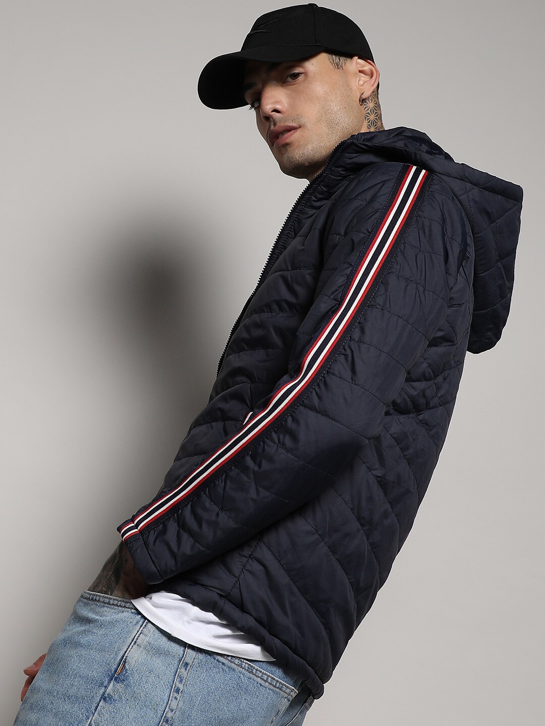 

Campus Sutra Navy Blue Windcheater Hooded Padded Jacket