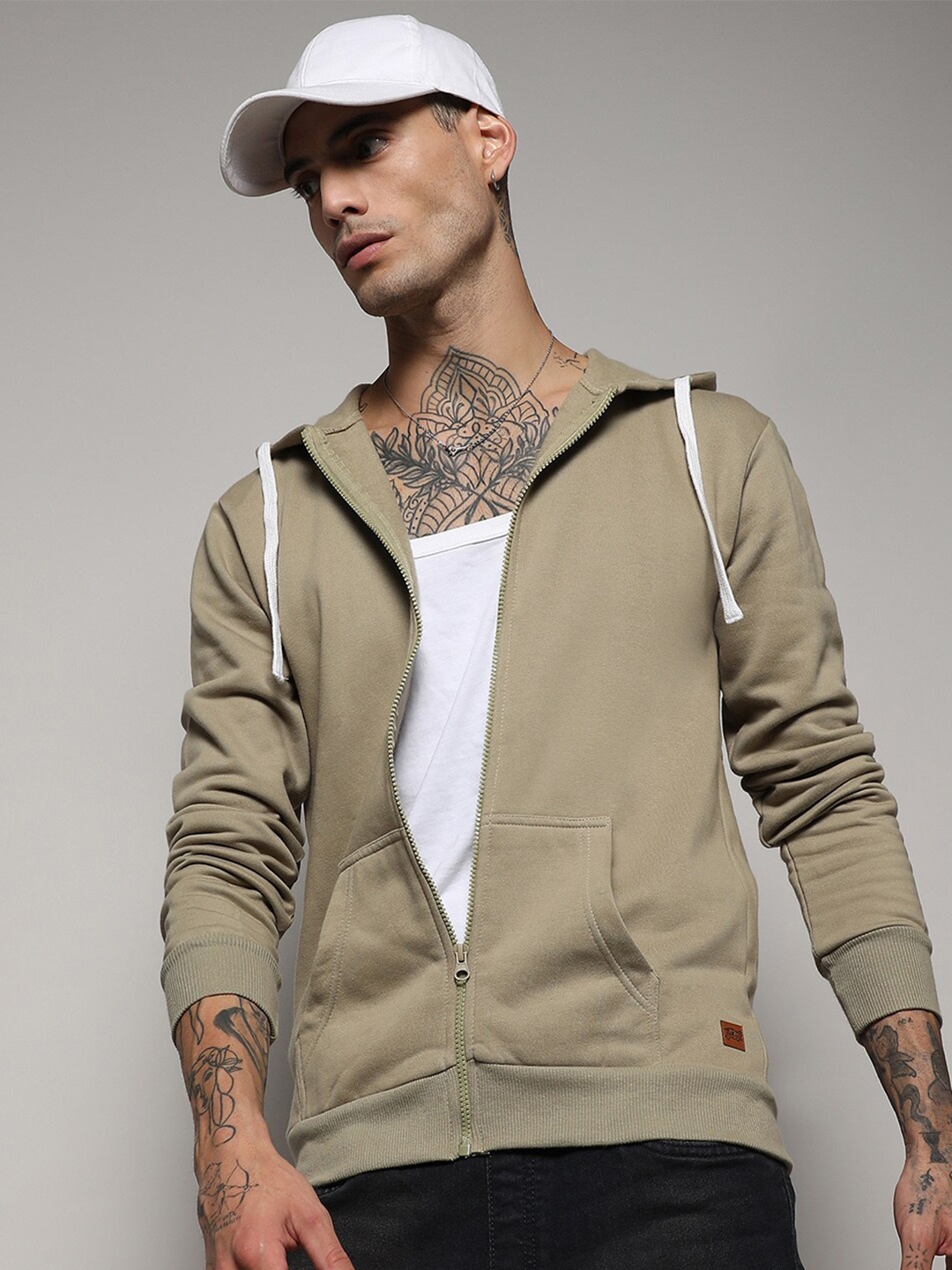 

Campus Sutra Hooded Cotton Front-Open Sweatshirt, Beige