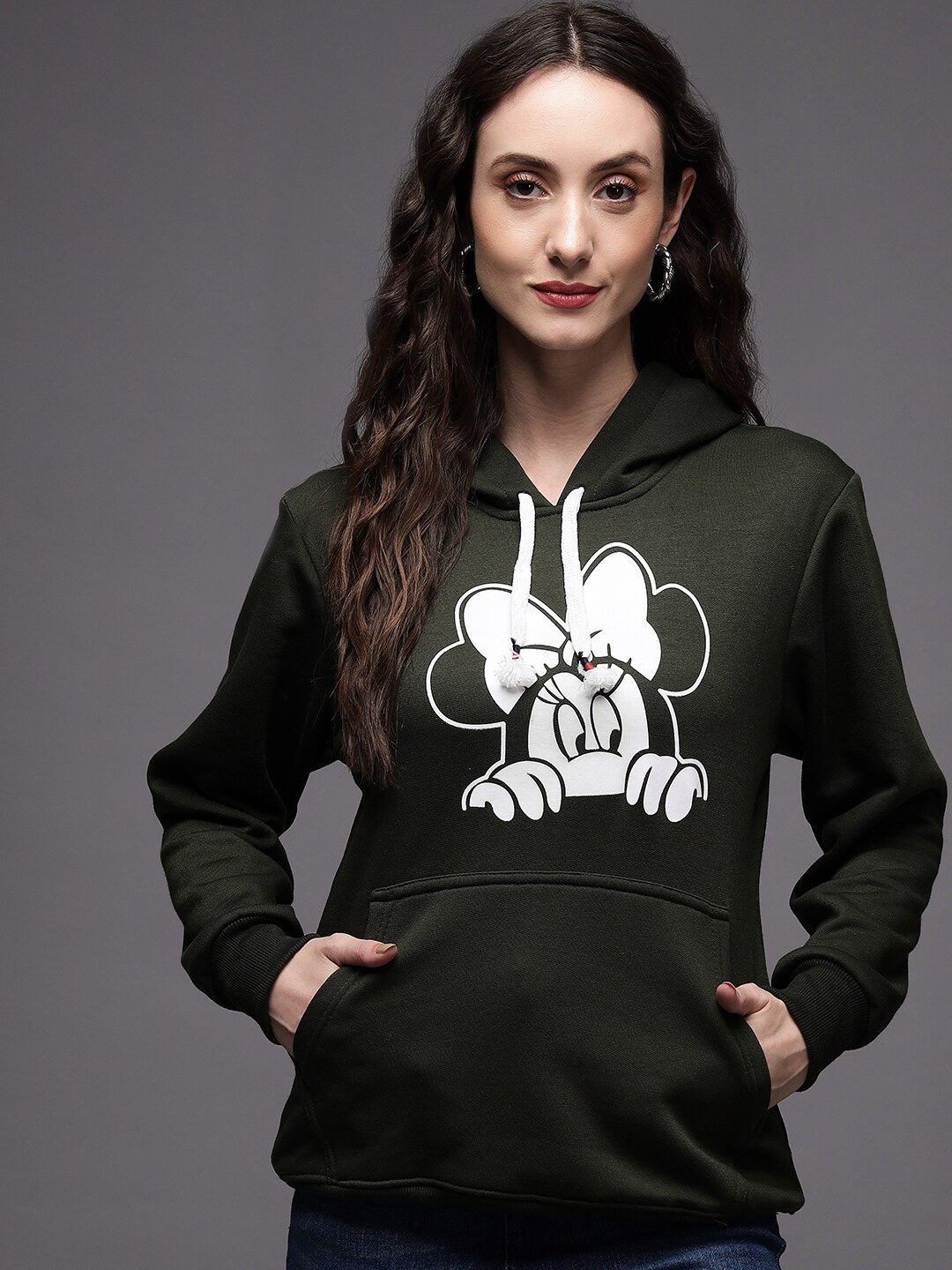 

eWools Mickey Mouse Printed Hooded Neck Long Sleeve Pullover Sweatshirt, Olive