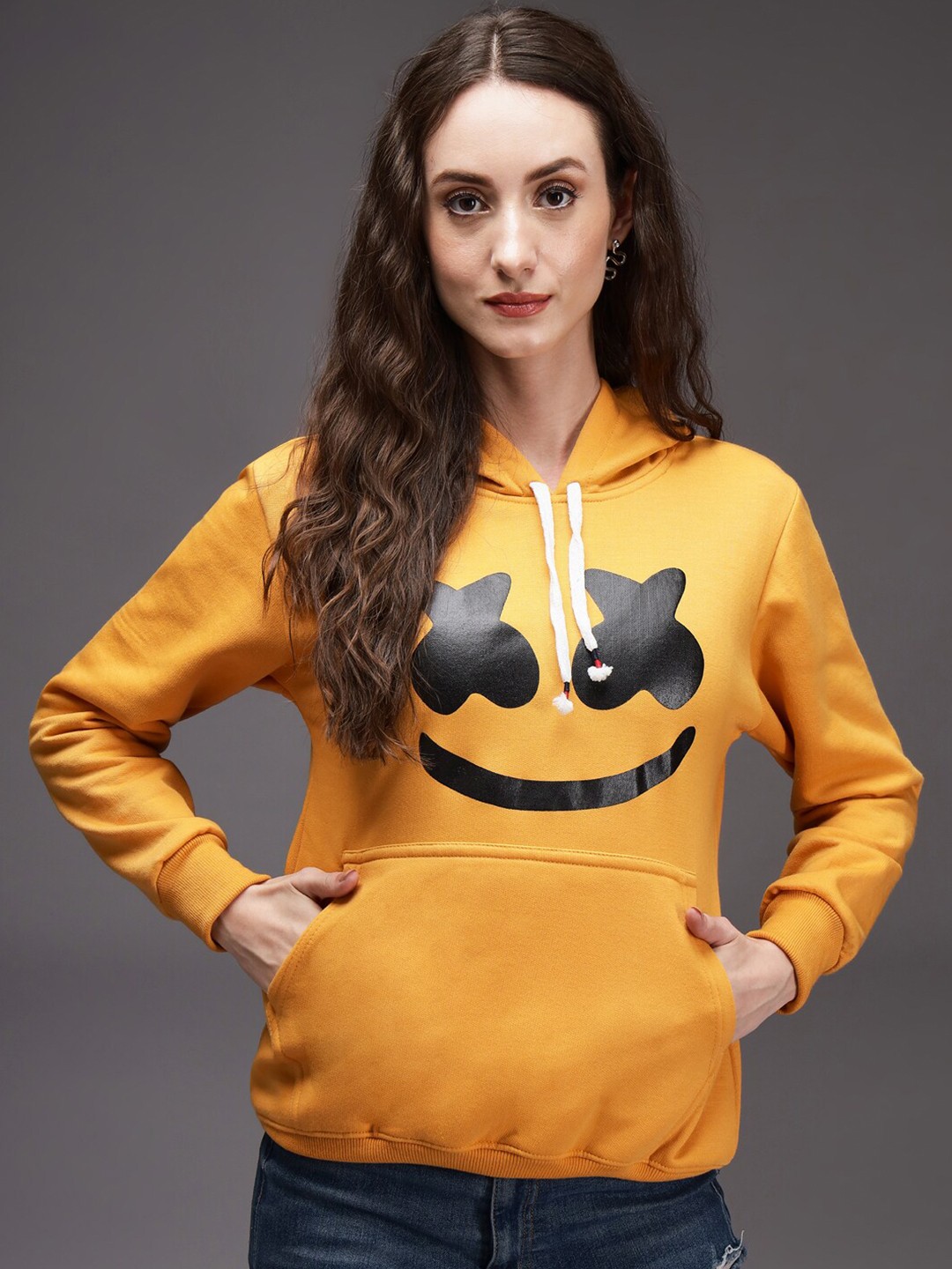 

eWools Graphic Printed Hooded Terry Pullover Sweatshirt, Mustard