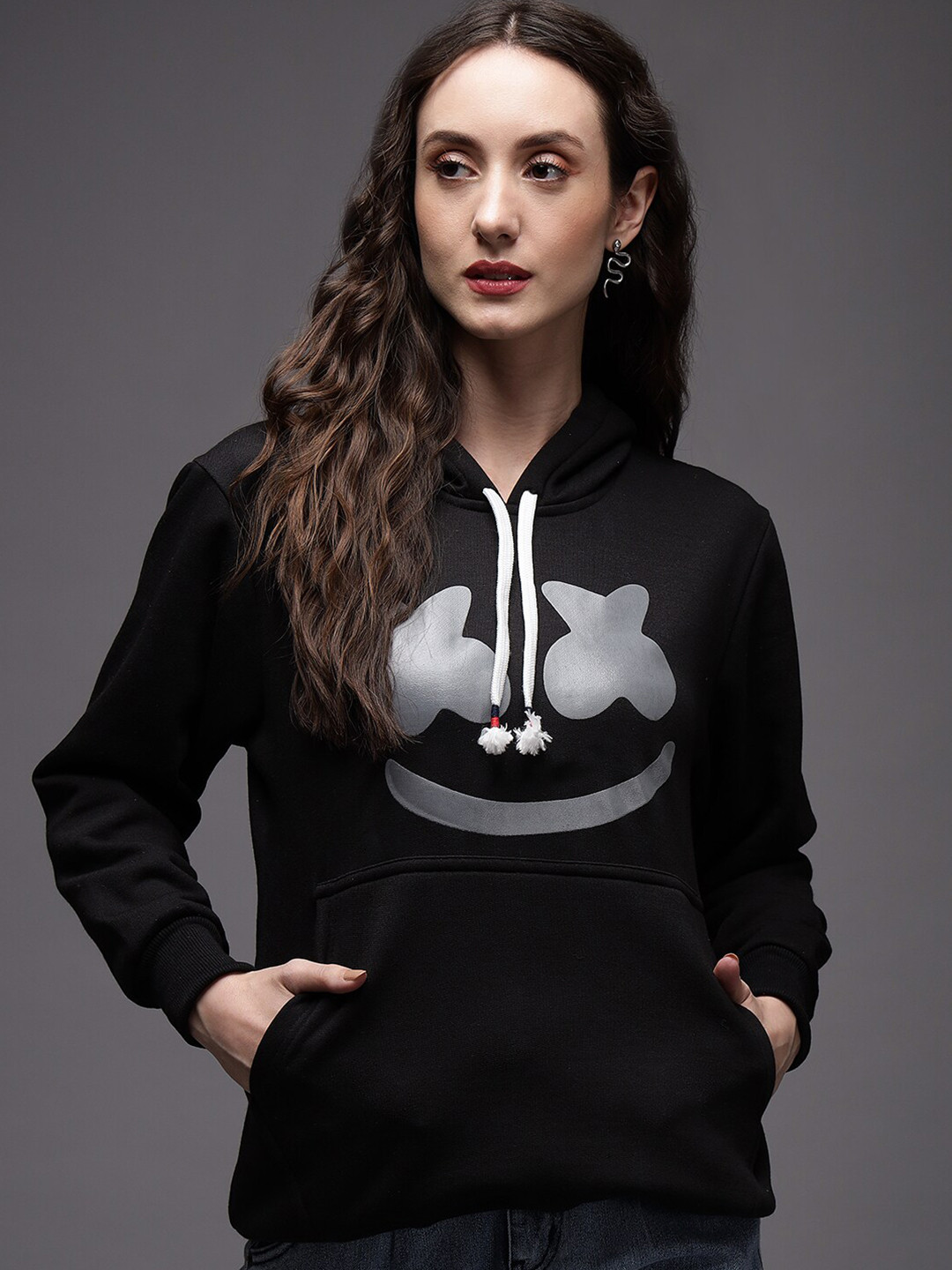 

eWools Graphic Printed Hooded Terry Pullover Sweatshirt, Black
