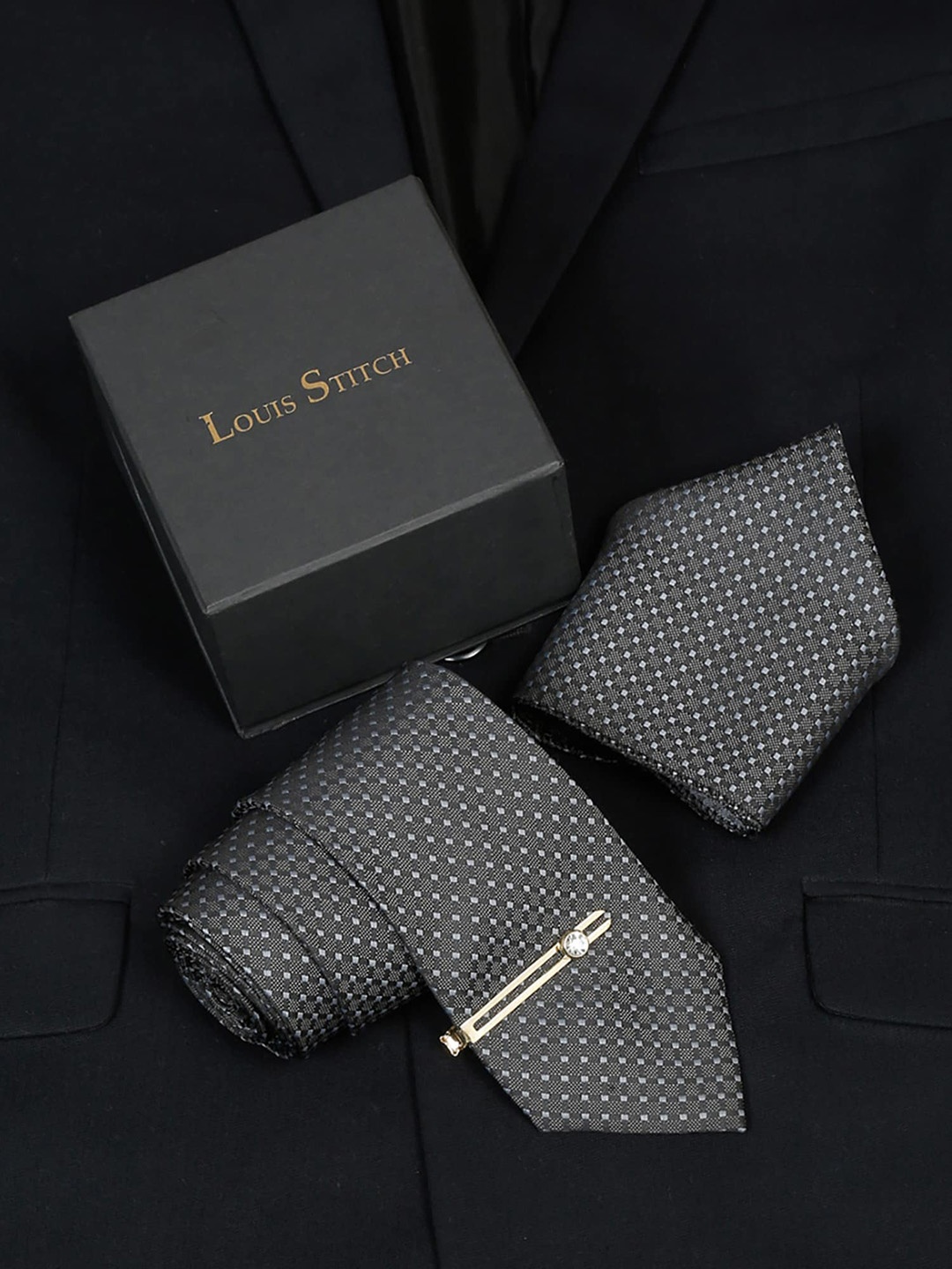 

LOUIS STITCH Men Checked Silk Accessory Gift Set, Charcoal