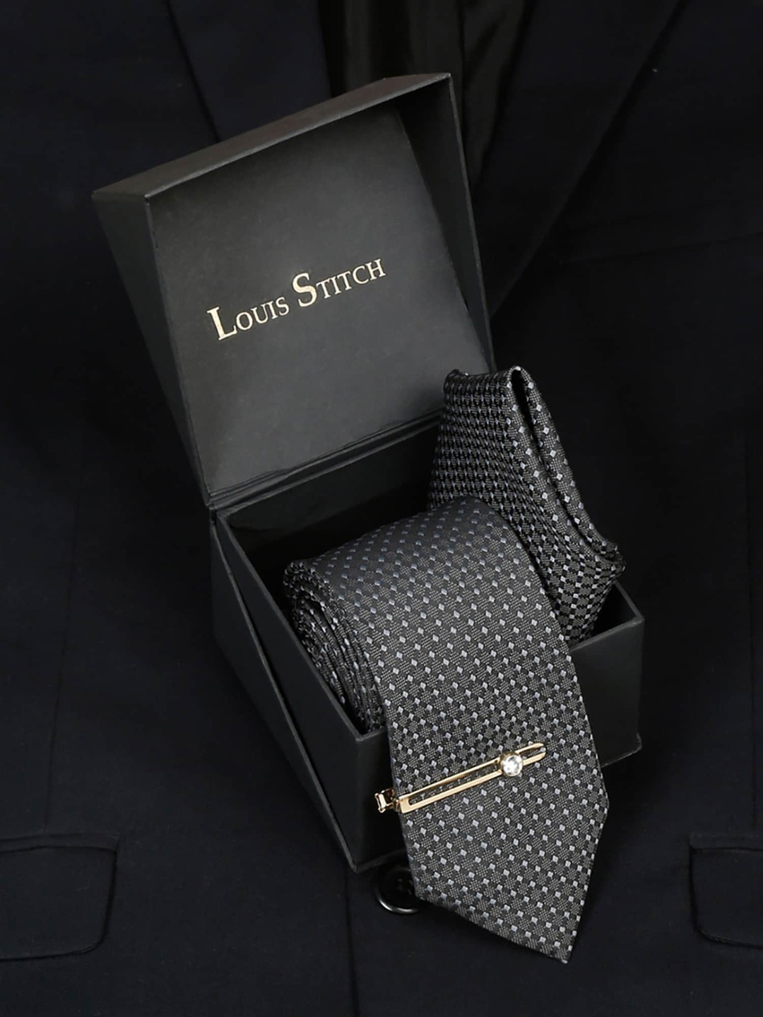 

LOUIS STITCH Men Checked Silk Accessory Gift Set, Charcoal