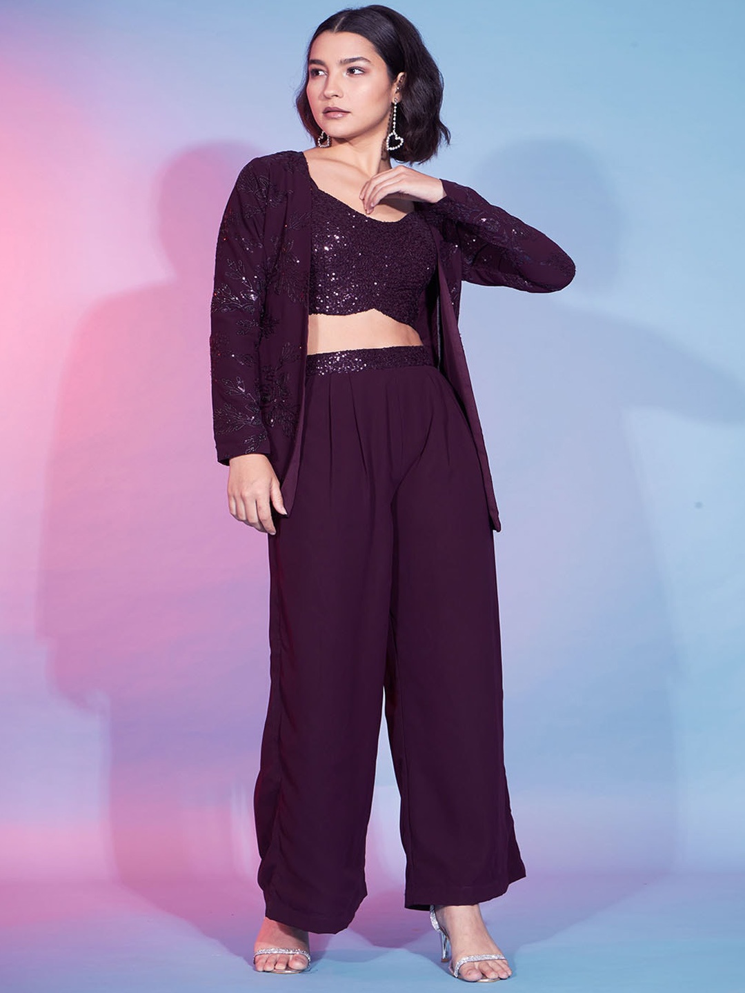

Mitera Maroon Embellished Shoulder Straps Top With Palazzo & Shrug