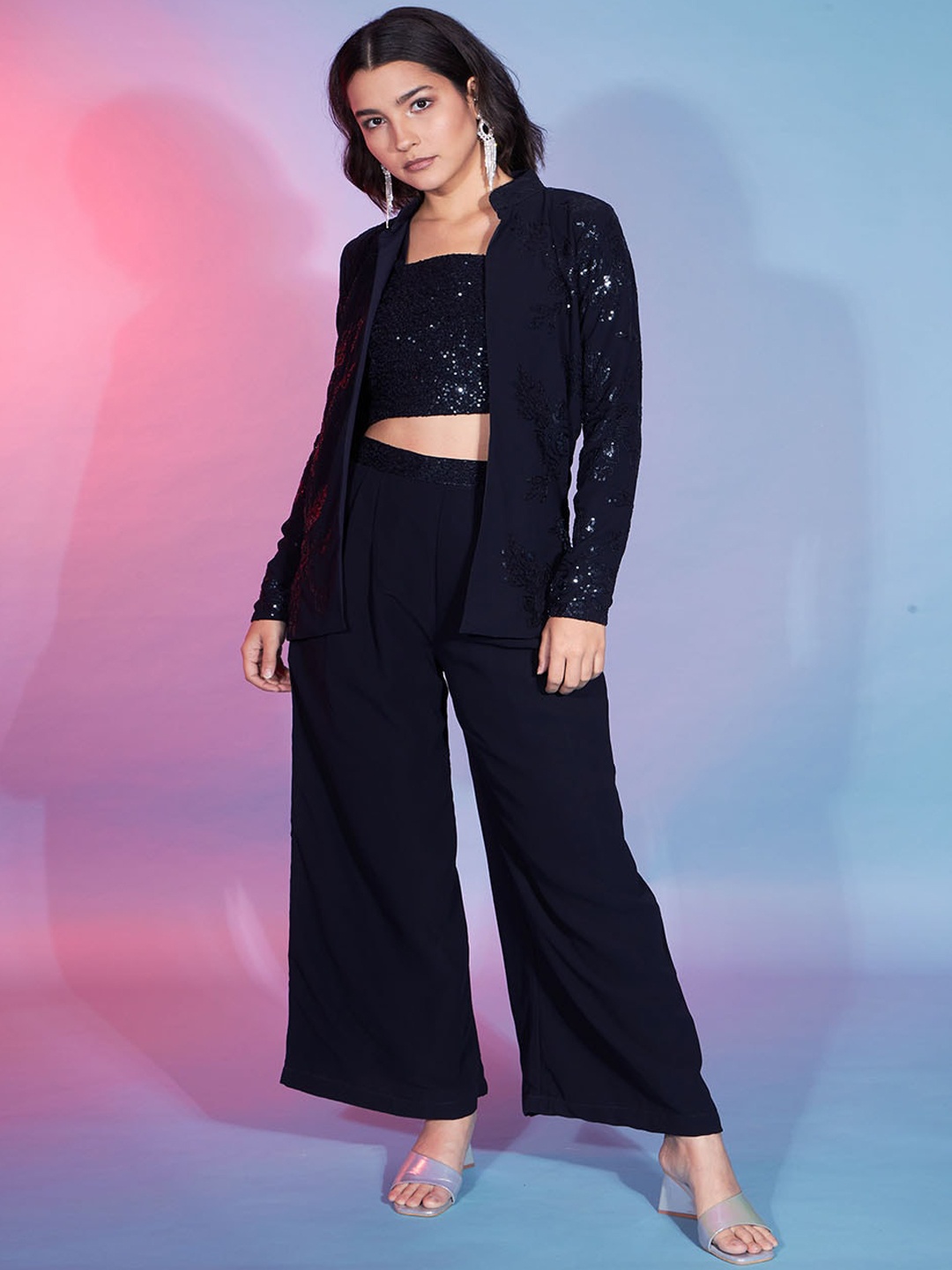 

Mitera Navy Blue Embellished Shoulder Straps Top With Palazzo & Shrug