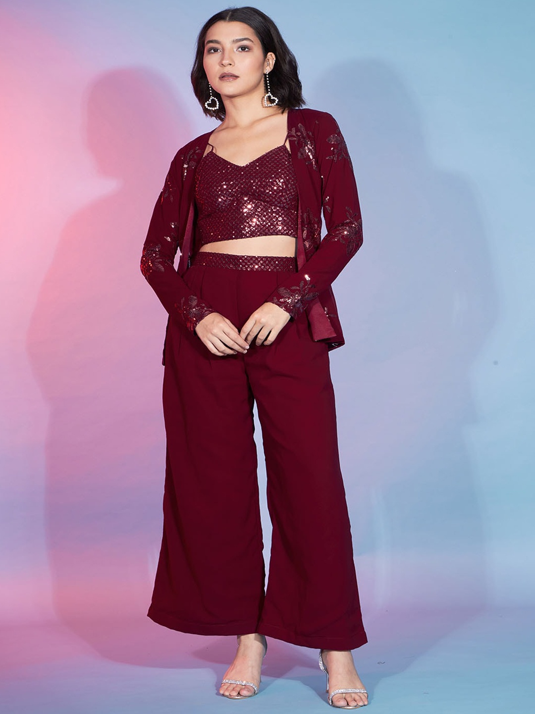 

Mitera Red Embellished Shoulder Straps Top With Palazzo & Shrug