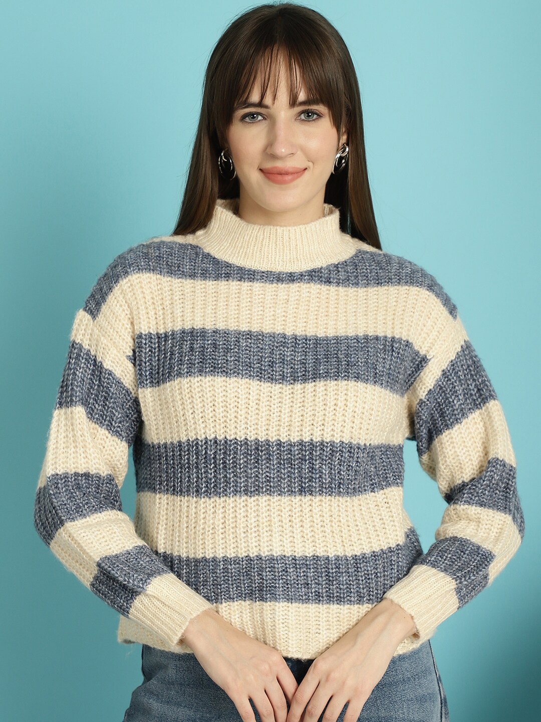 

NoBarr Colourblocked High Neck Cotton Pullover Sweaters, Blue
