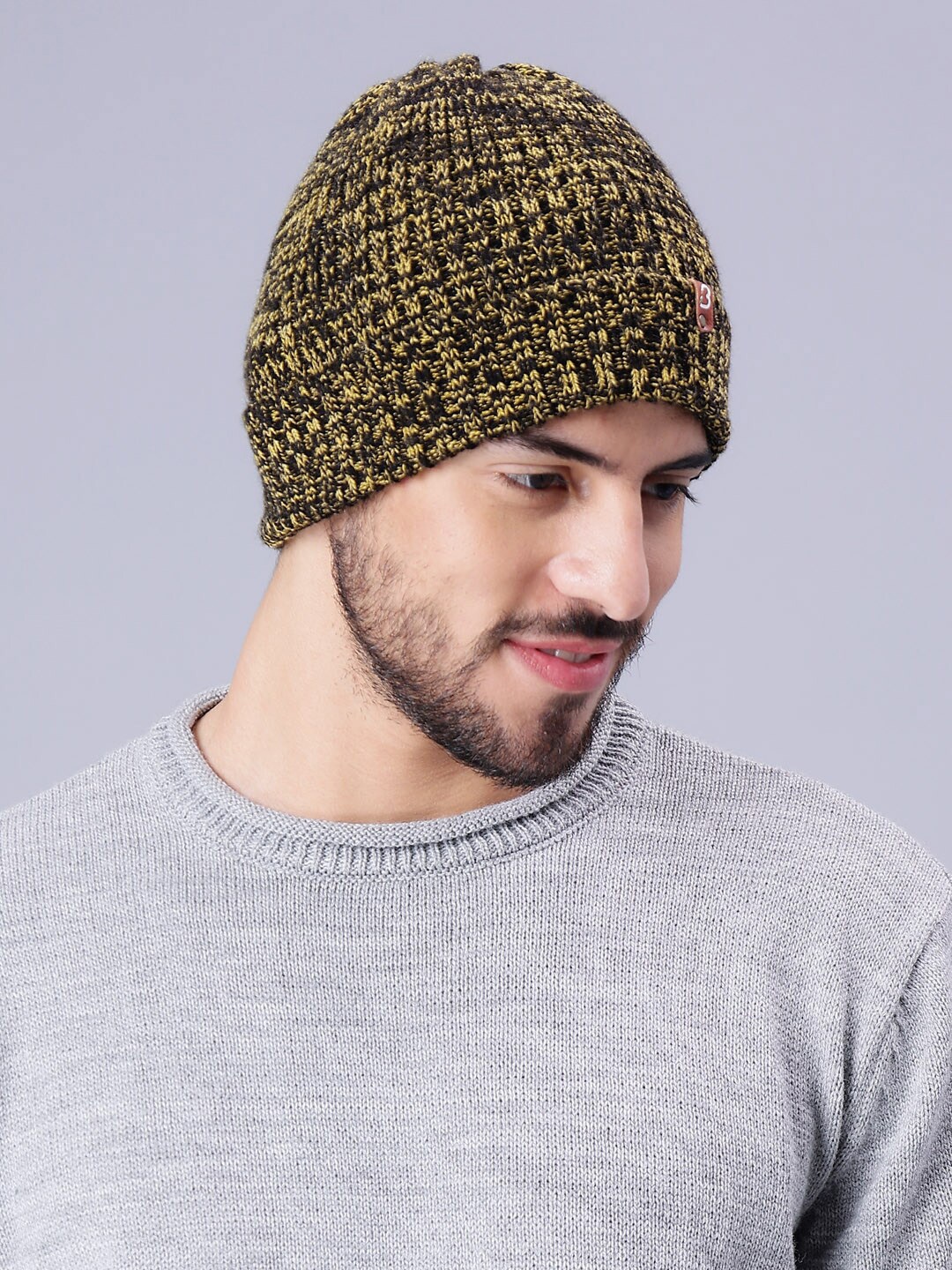 

Bharatasya Men Self Design Acrylic Beanie Cap, Yellow