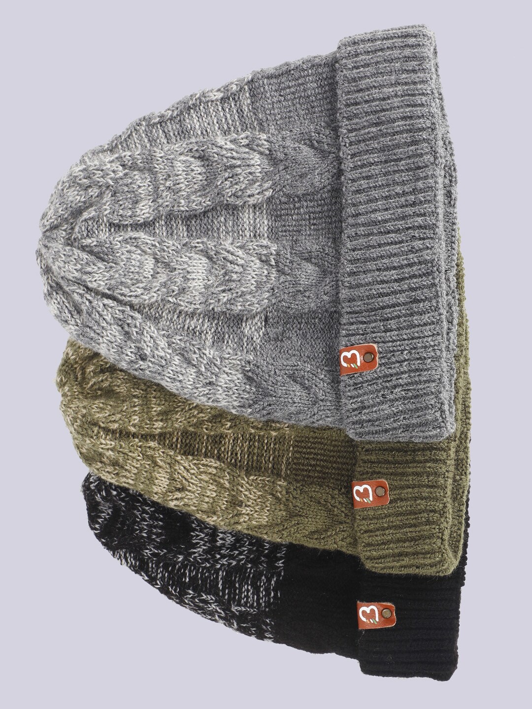 

Bharatasya Men Pack of 3 Self Design Acrylic Beanie Caps, Grey