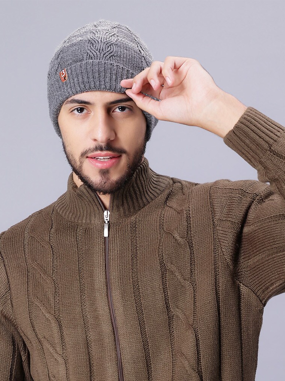 

Bharatasya Men Self Design Acrylic Beanie Cap, Grey