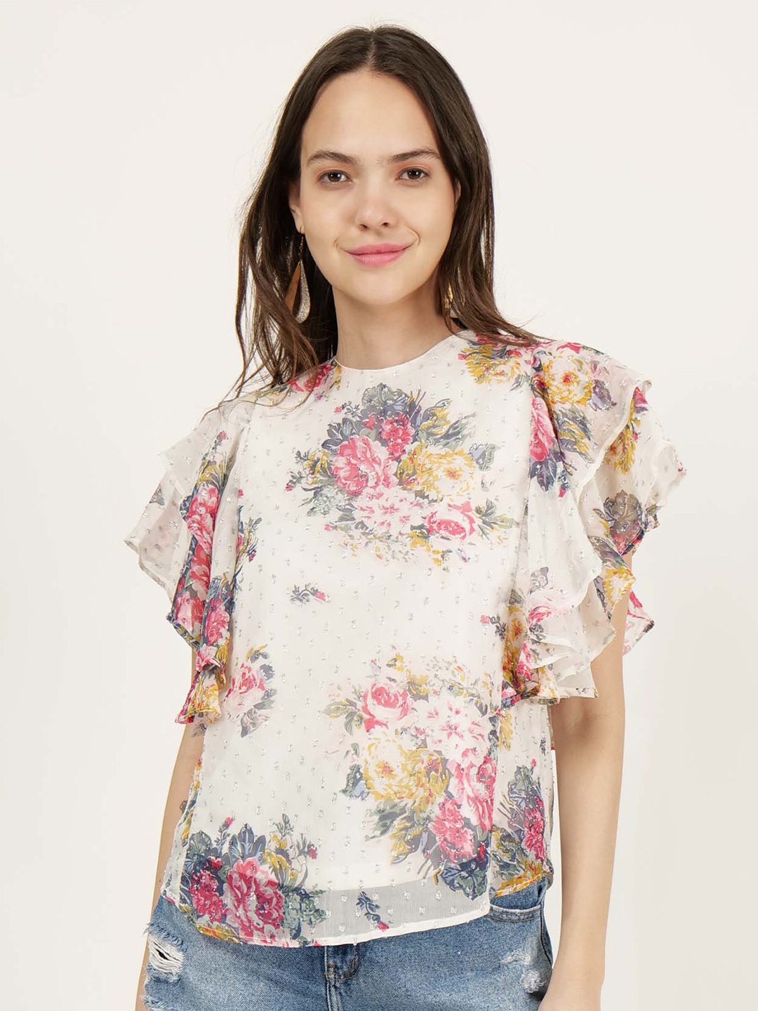 

DRIRO White Floral Printed Round Neck Flutter Sleeve Top