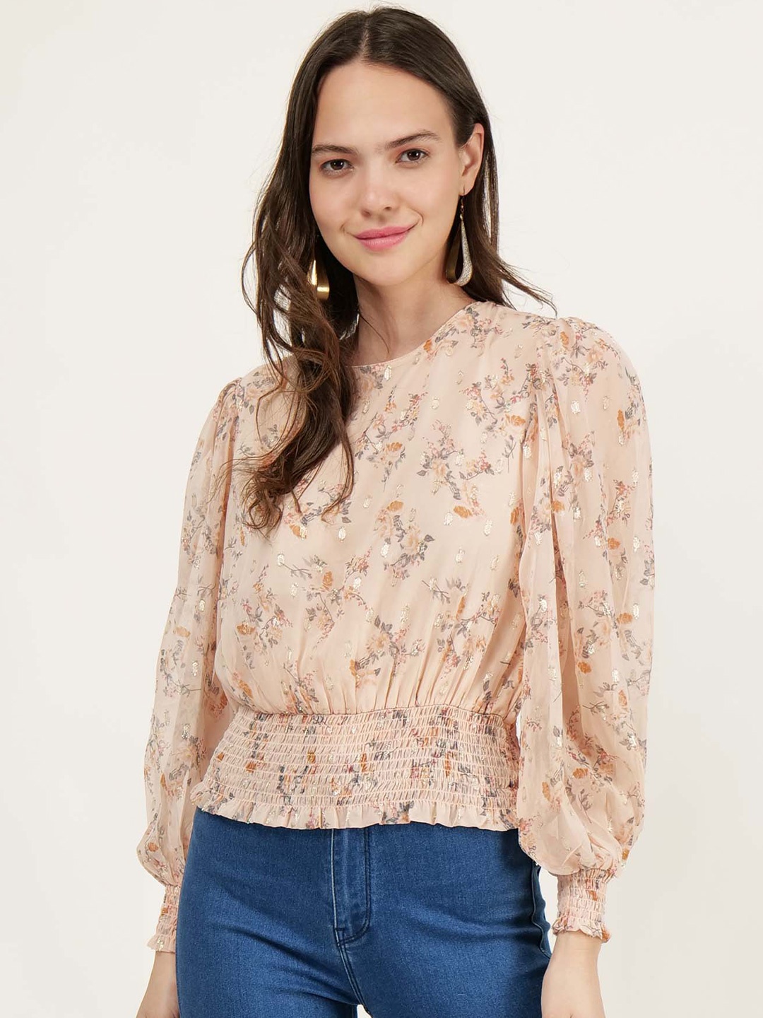 

DRIRO Floral Printed Round Neck Smocked Blouson Top, Pink