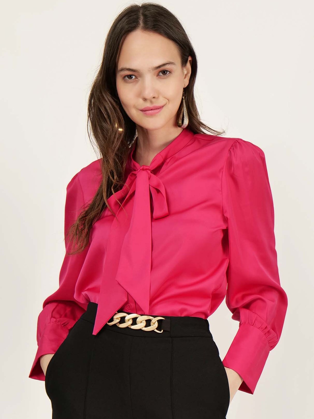

DRIRO Long Sleeves Tie-Up Neck Shirt Style Top, Pink