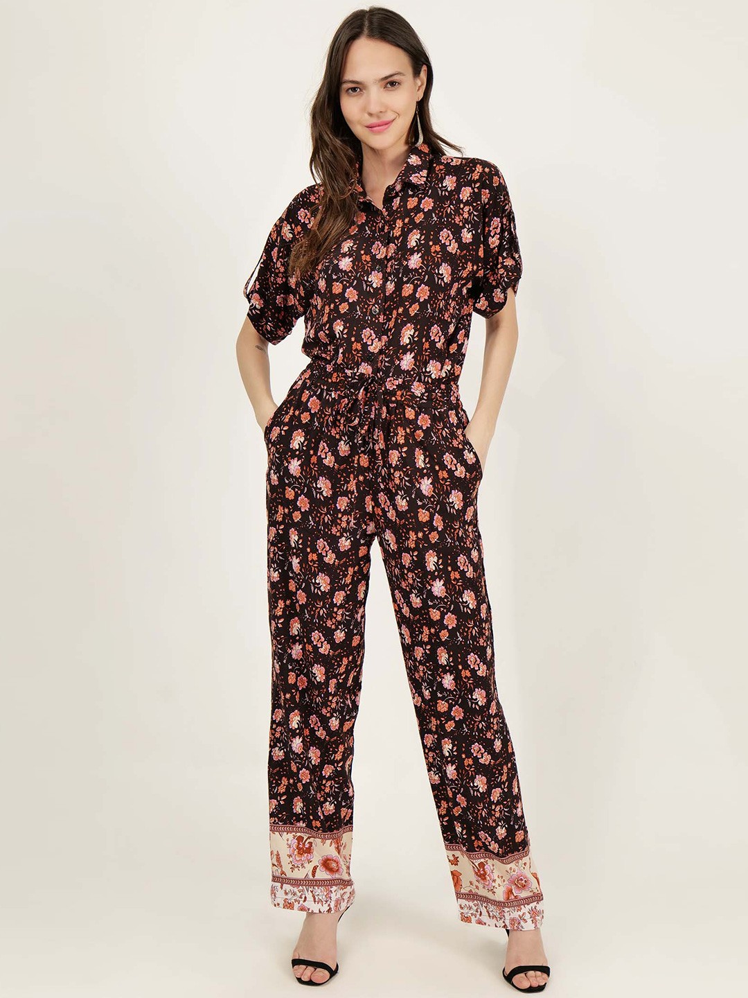 

DRIRO Printed Waist Tie-Ups Basic Jumpsuit, Brown