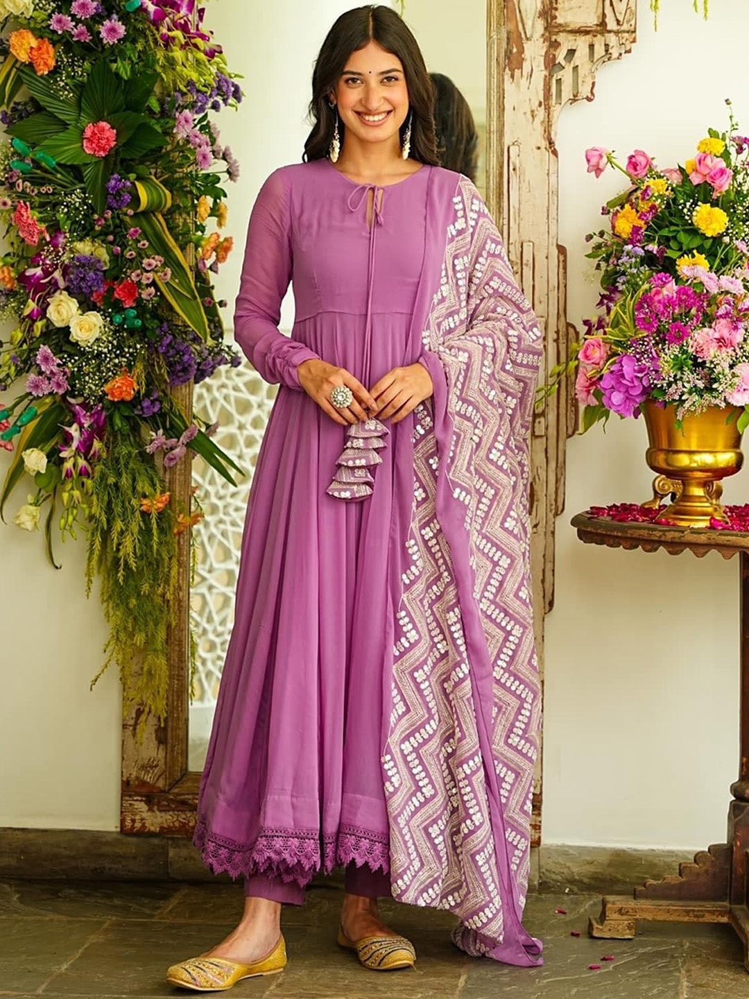

ESTELA Empire Sequined Pure Cotton Kurta with Trousers & Dupatta, Purple