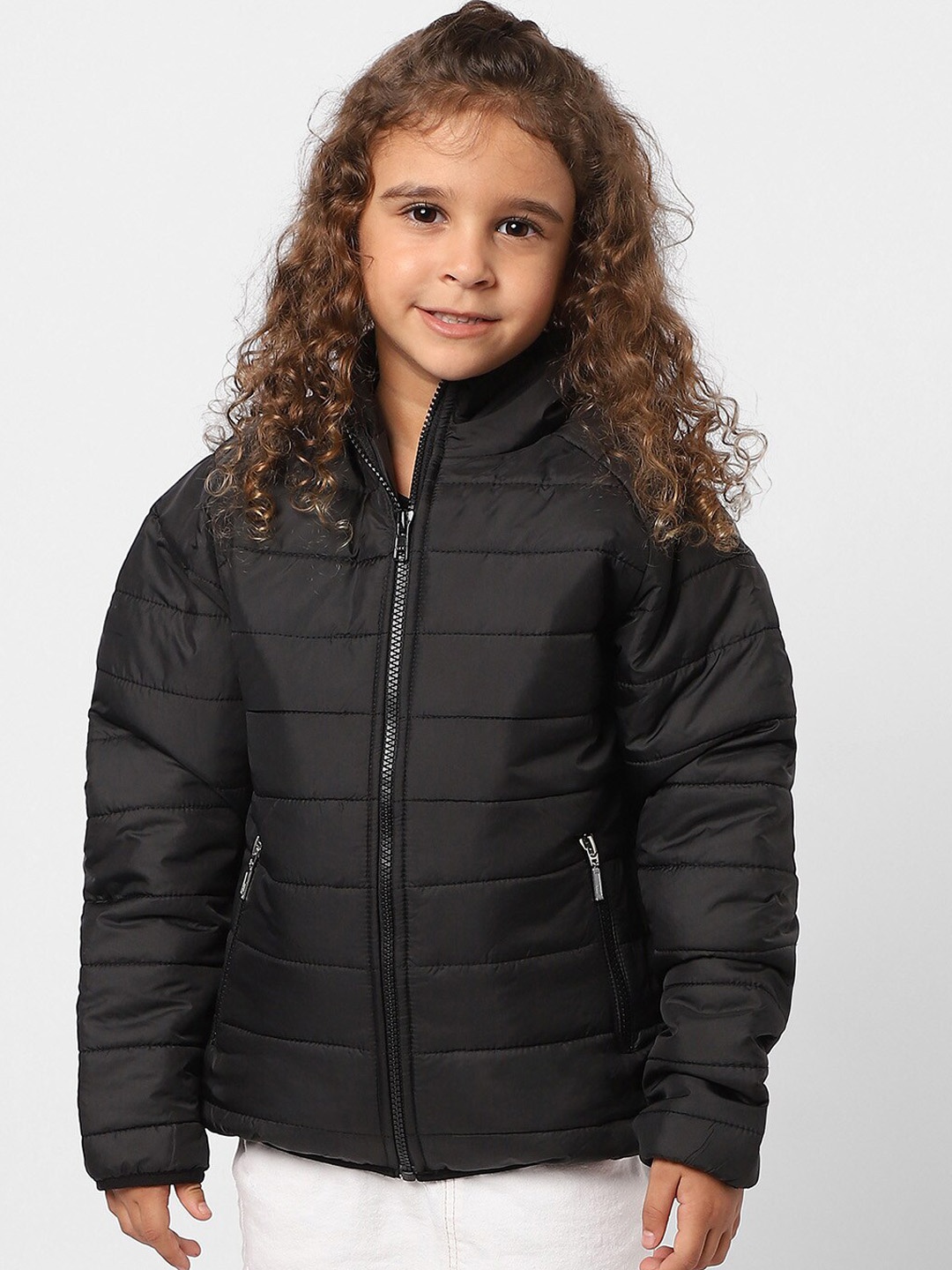 

Instafab Girls Mock Collar Windcheater Longline Outdoor Puffer Jacket, Black