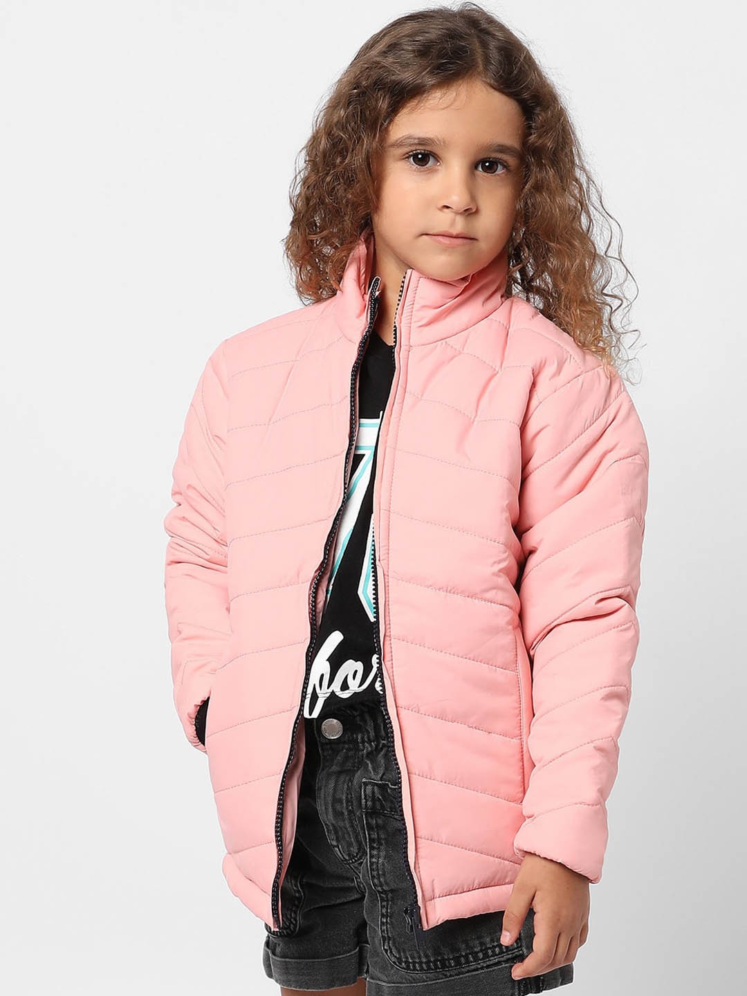

Instafab Girls Mock Collar Windcheater Longline Outdoor Puffer Jacket, Pink