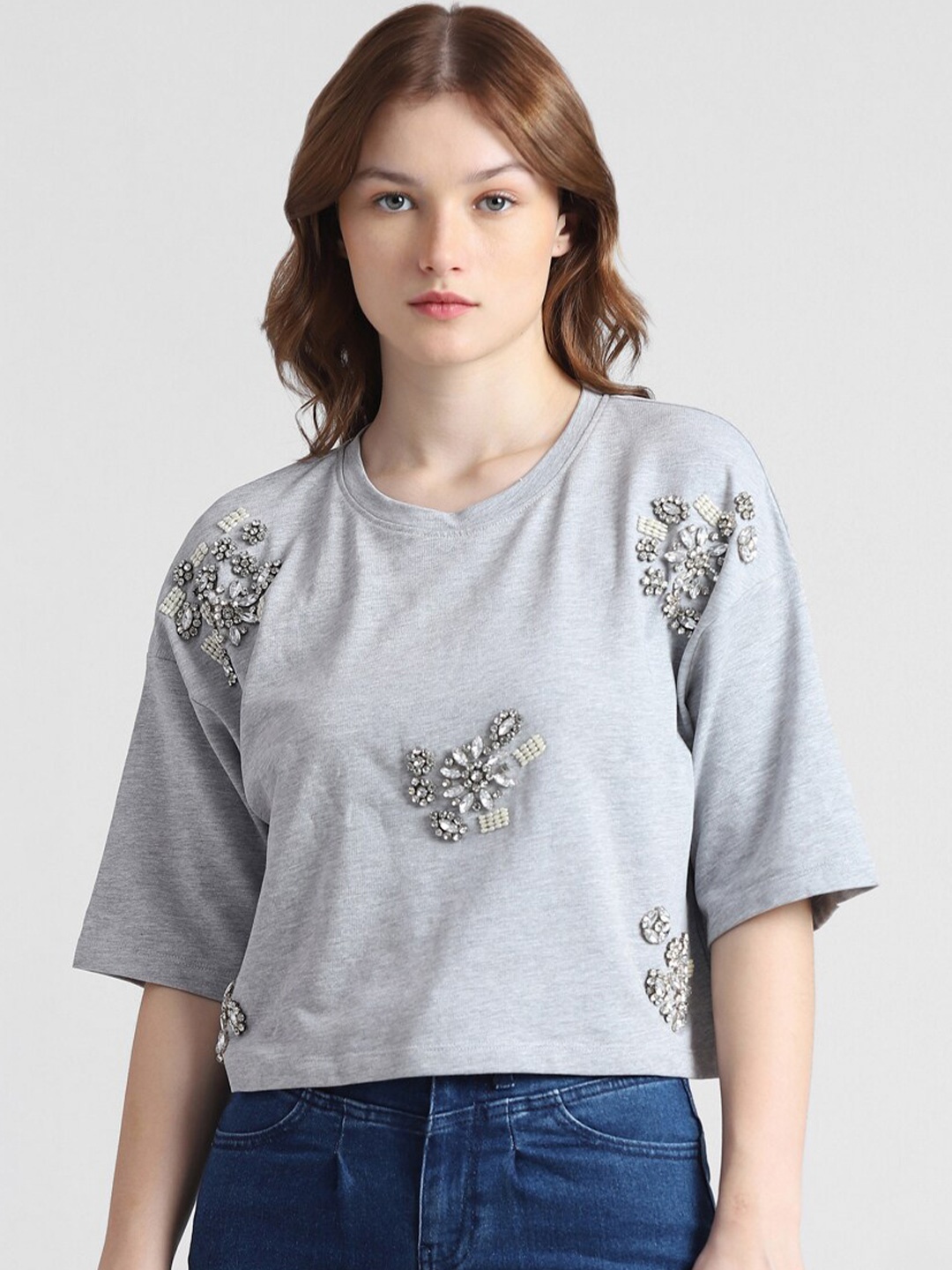 

ONLY Embellished Boxy T-shirt, Grey