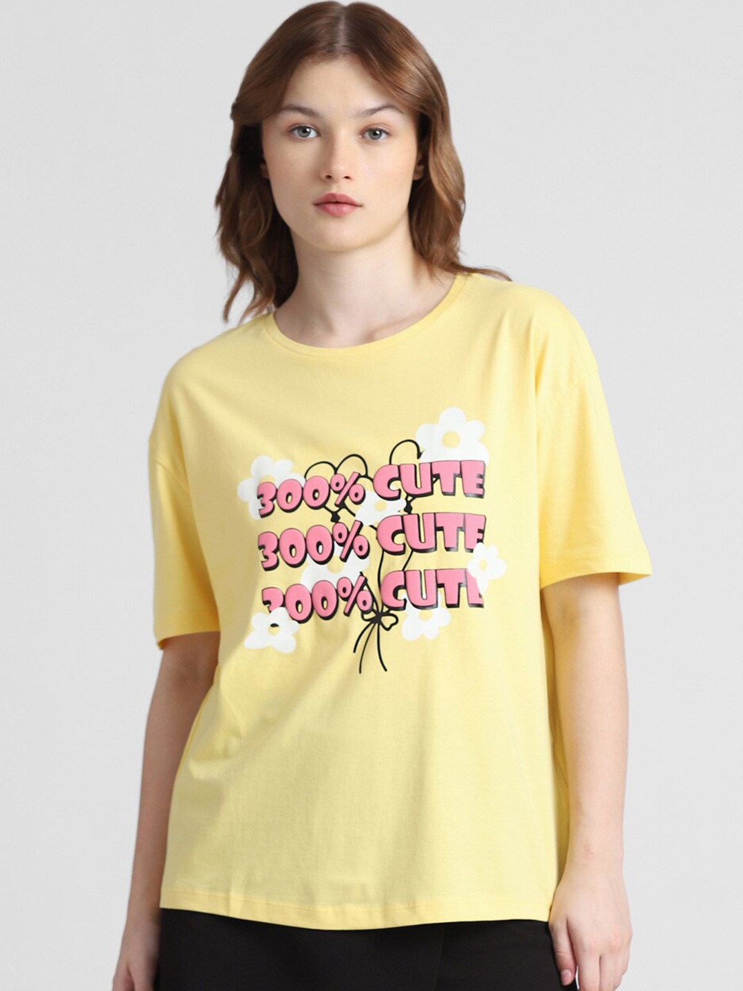 

ONLY Typography Printed Drop-Shoulder Sleeves Pure Cotton T-shirt, Yellow