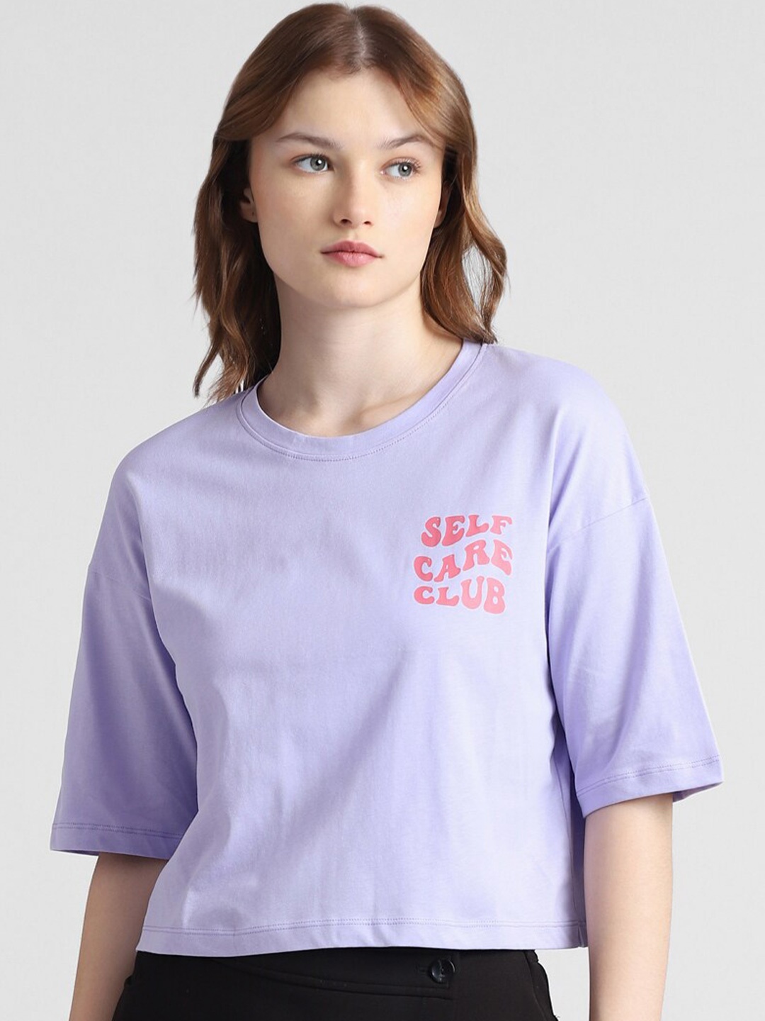 

ONLY Typography Printed Drop-Shoulder Sleeves Boxy T-shirt, Lavender