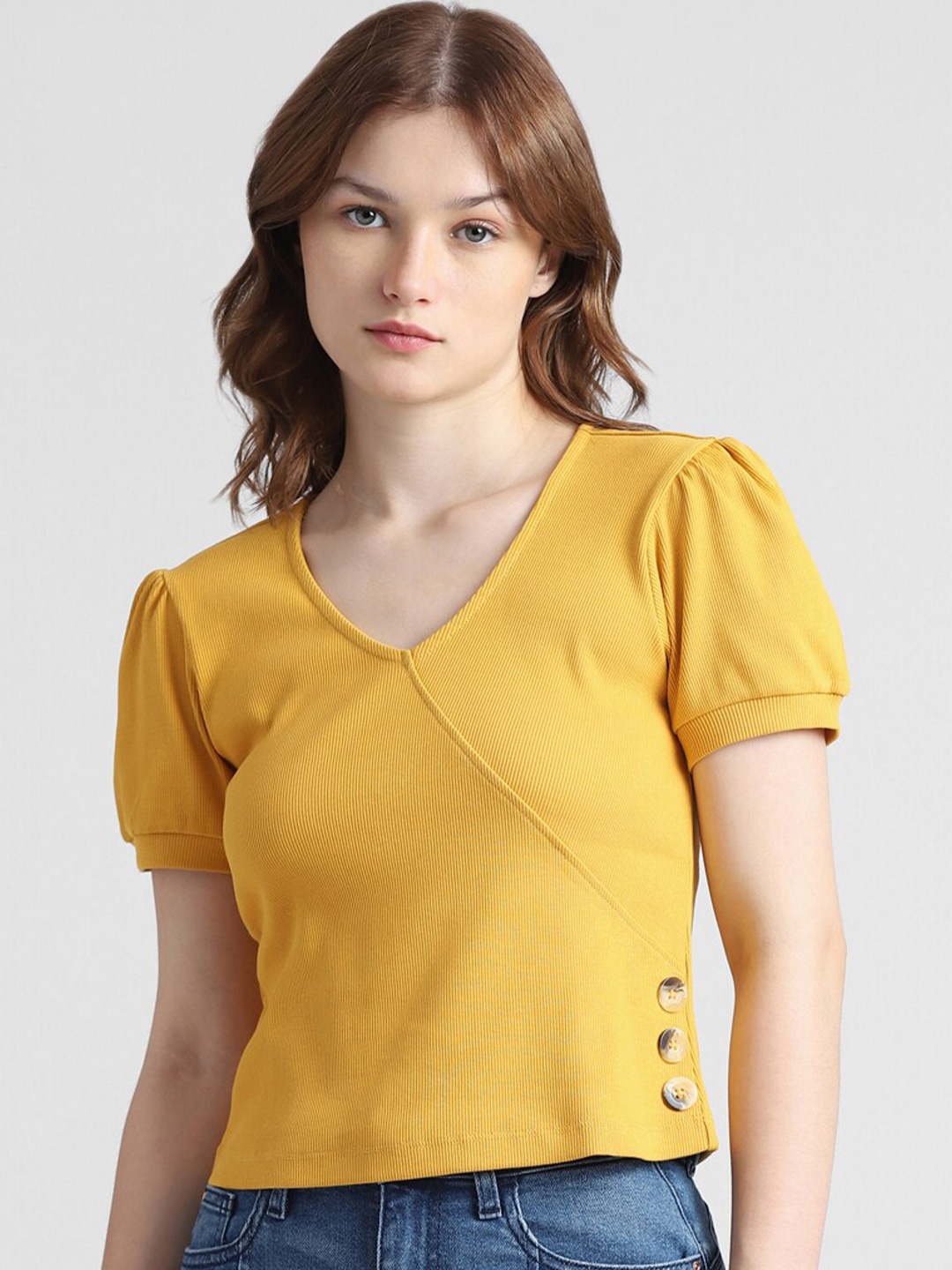 

ONLY Puff Sleeves V-Neck T-shirt, Yellow