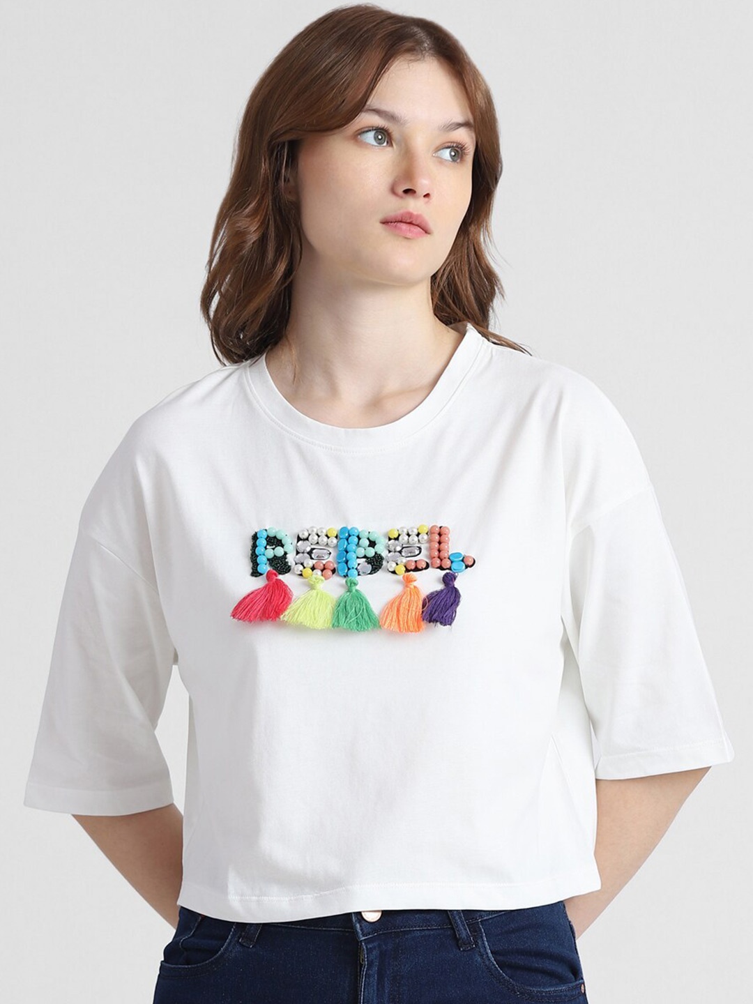 

ONLY Embellished Drop-Shoulder Sleeves Boxy Fit Pure Cotton T-shirt, White