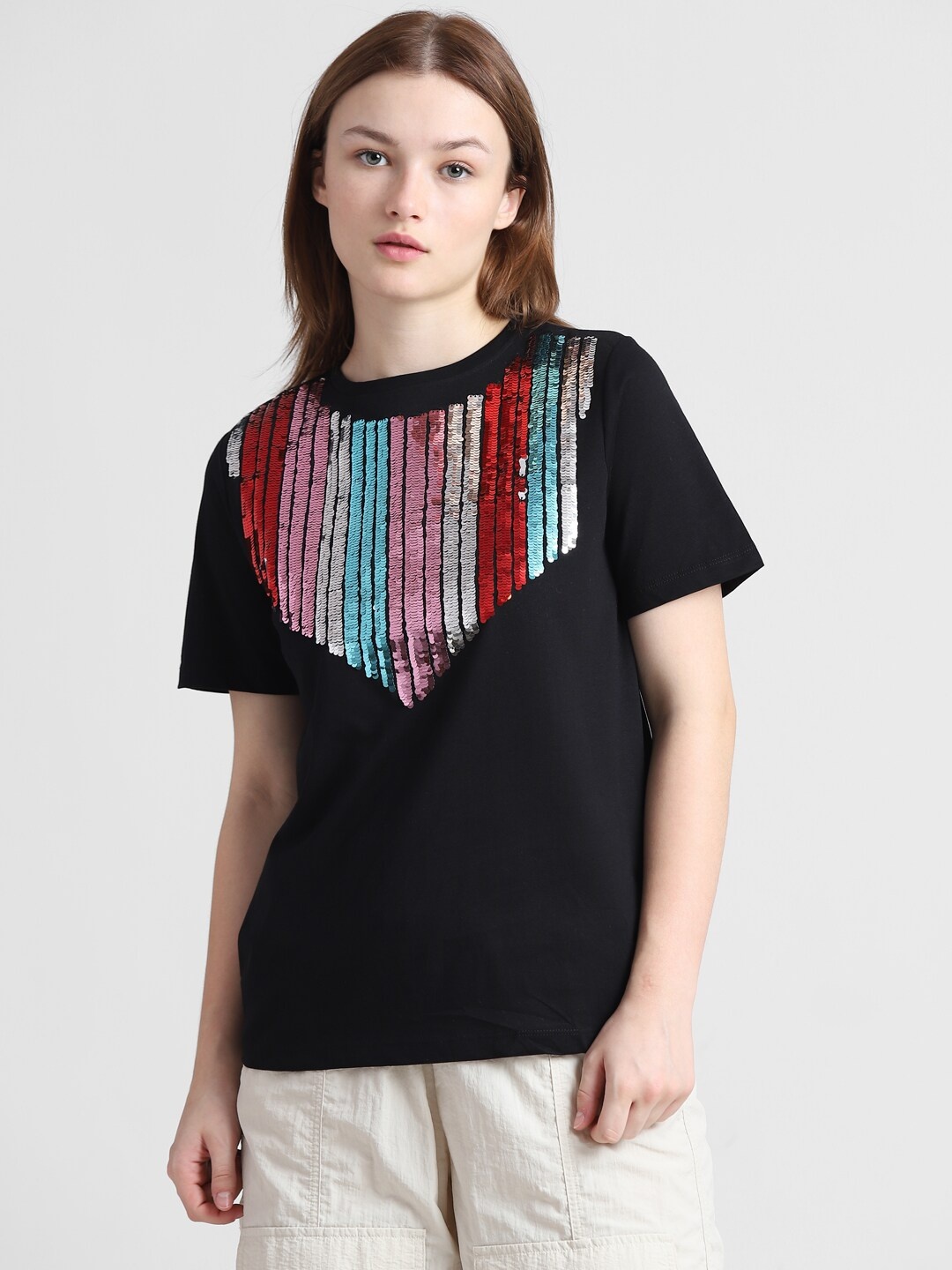 

ONLY Embellished Round Neck Pure Cotton T-shirt, Black