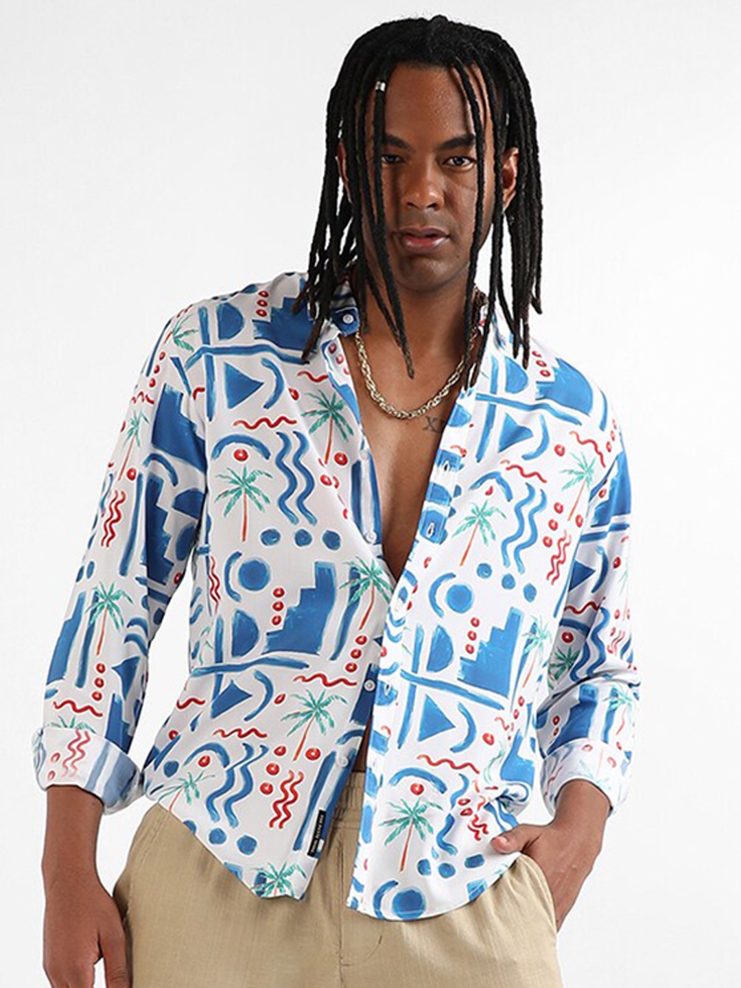 

Campus Sutra White Classic Conversational Printed Spread Collar Casual Shirt