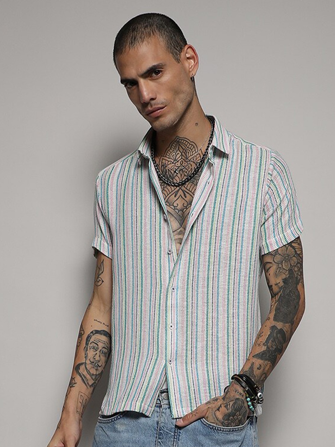 

Campus Sutra Unbalanced Striped Woven Shirt, White