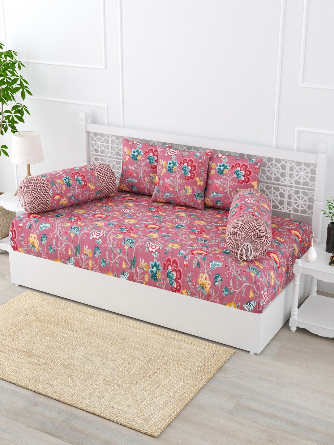 

Salona Bichona Gulmohar Pink 6 Pieces Printed 120 TC Pure Cotton Diwan Set