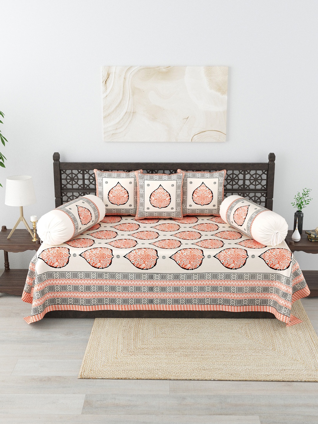 

Salona Bichona Peach & Cream 6 Pieces Printed Cotton Diwan Set
