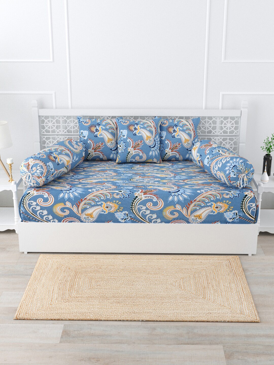 

Salona Bichona Impression Blue 6 Pieces Printed Rich Cotton 144TC Diwan Set