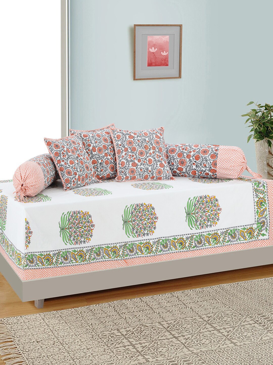 

Salona Bichona Peach-Colored 6 Pieces Printed 120 TC Pure Cotton Diwan Set