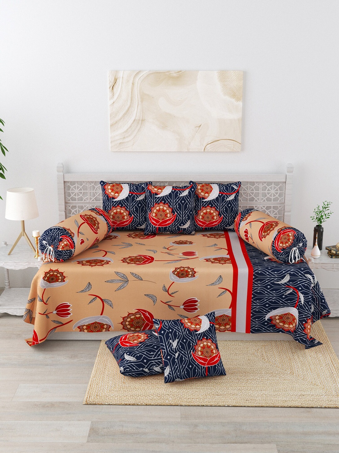 

Salona Bichona Blue & Beige 8 Pieces Printed Pure Cotton Diwan Set