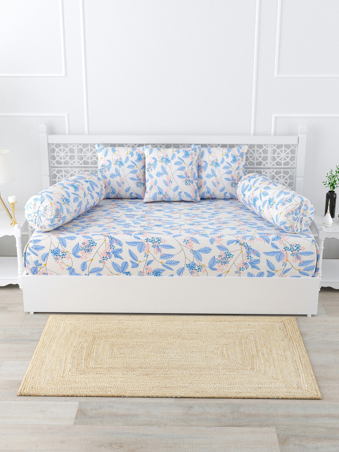 

Salona Bichona Impression Grey & Blue 6 Pieces Printed Rich Cotton 144TC Diwan Set