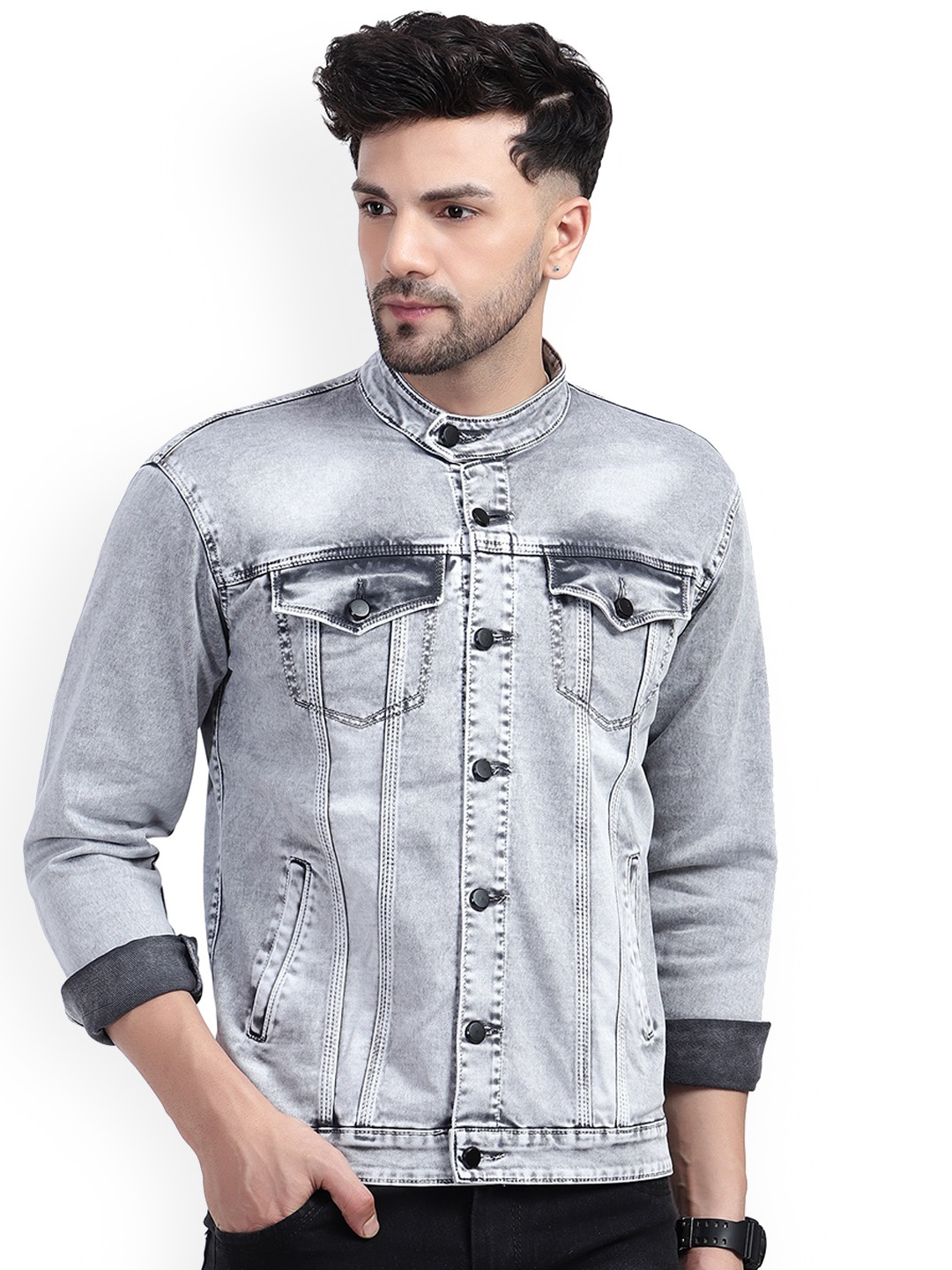 

PLUS 91 Washed Self Design Mandarin Collar Denim Jacket, Grey