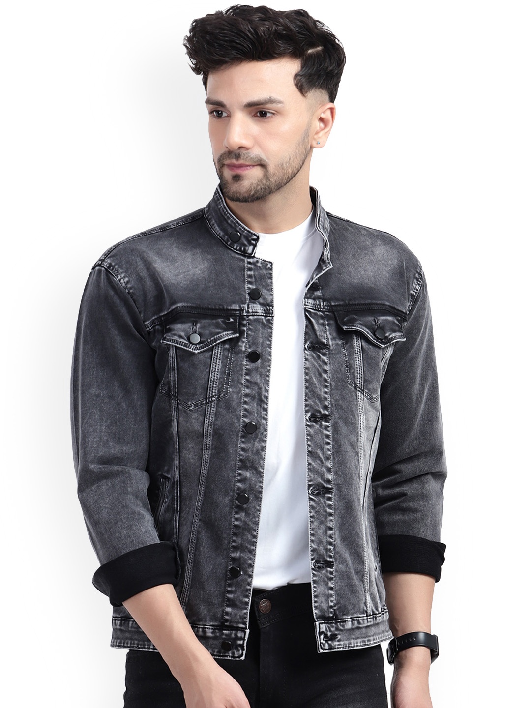 

PLUS 91 Washed Mandarin Collar Denim Jacket, Black