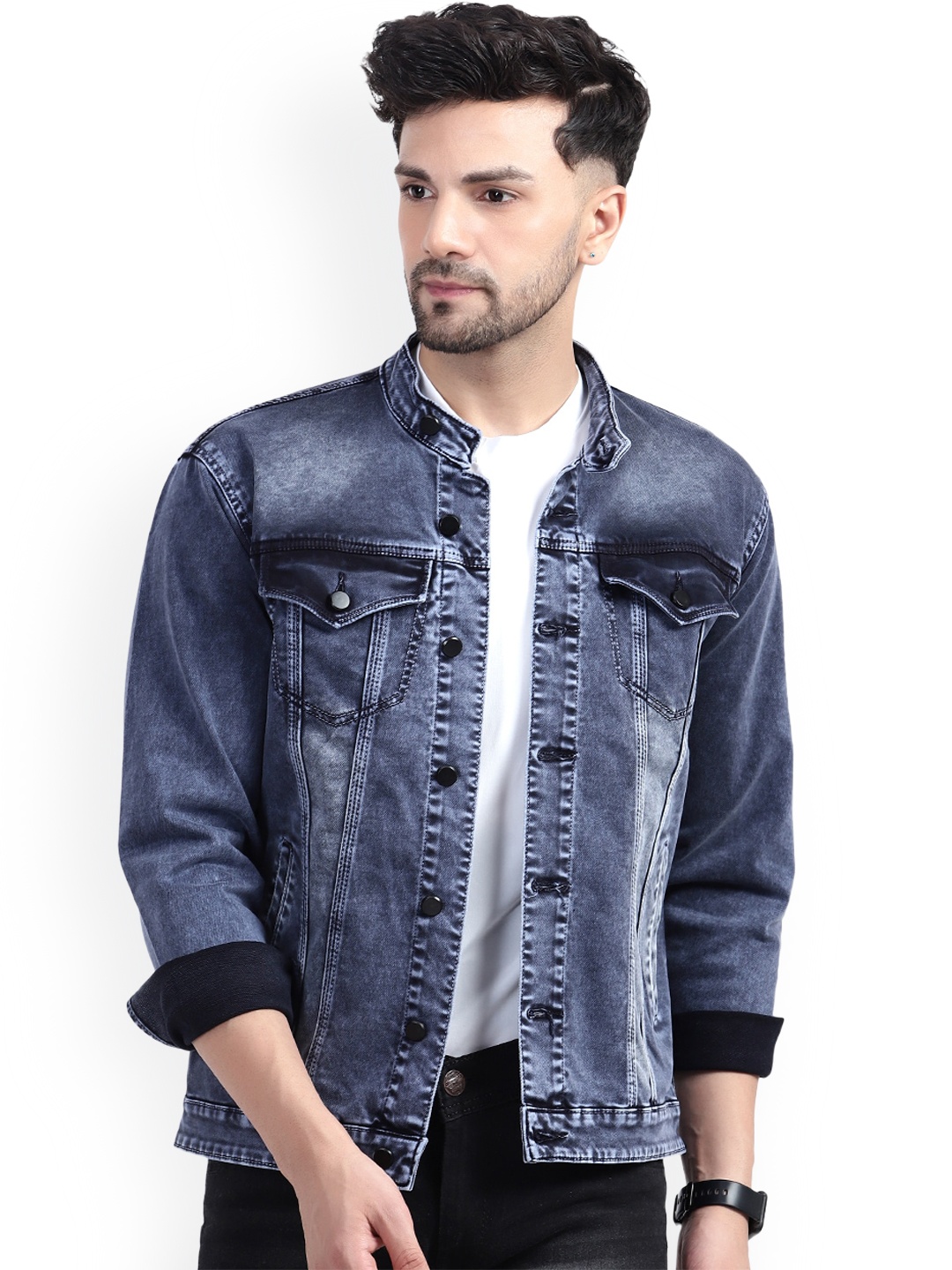 

PLUS 91 Washed Mandarin Collar Denim Jacket, Navy blue