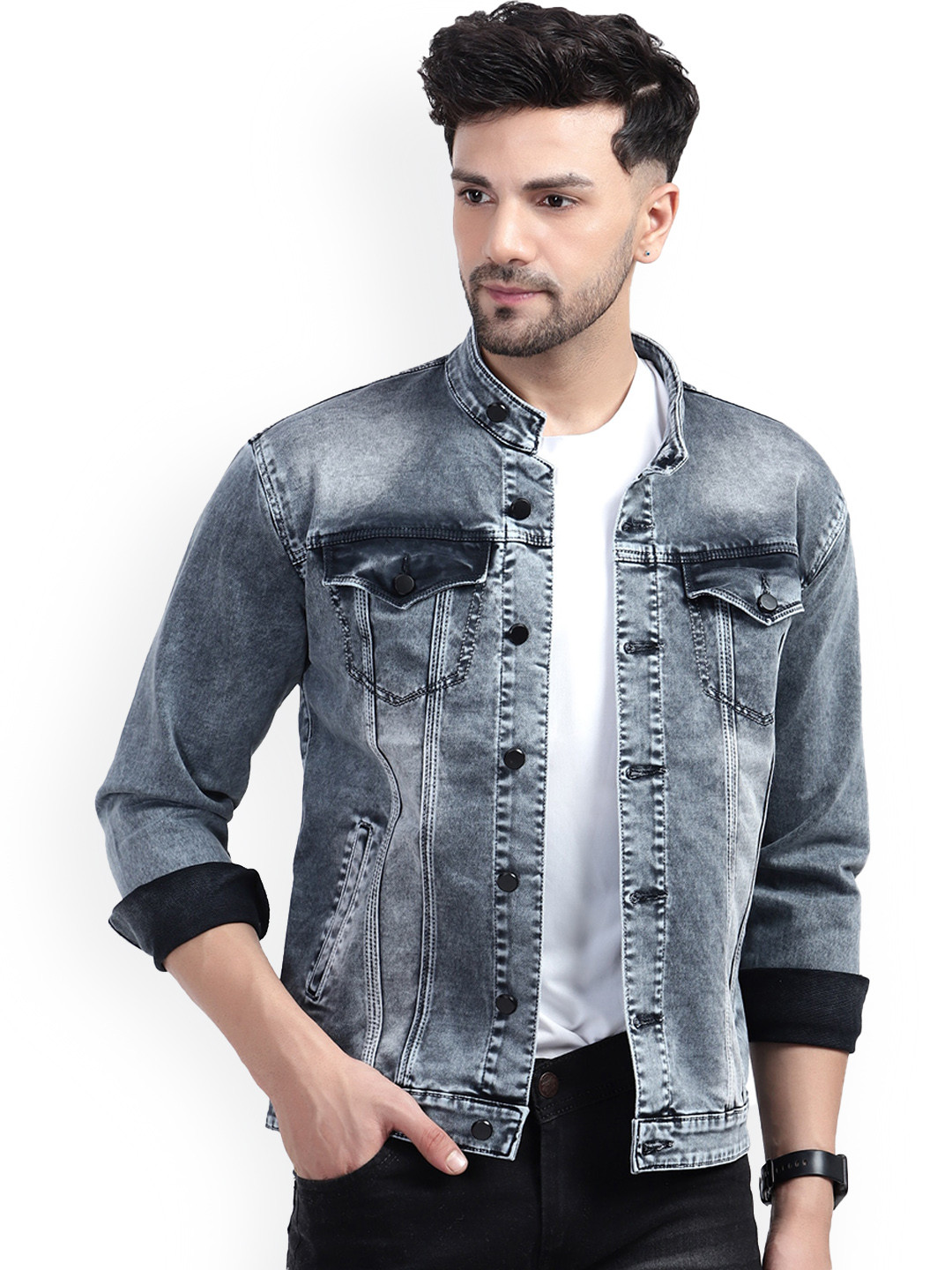 

PLUS 91 Washed Mandarin Collar Denim Jacket, Blue