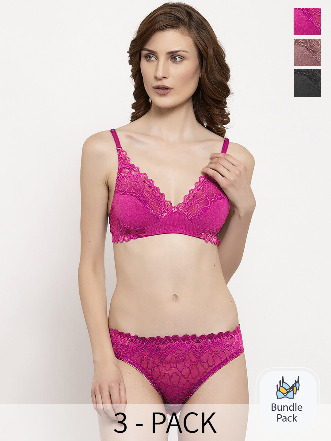 

AROUSY Pack Of 3 Self Design Lingerie Set, Pink
